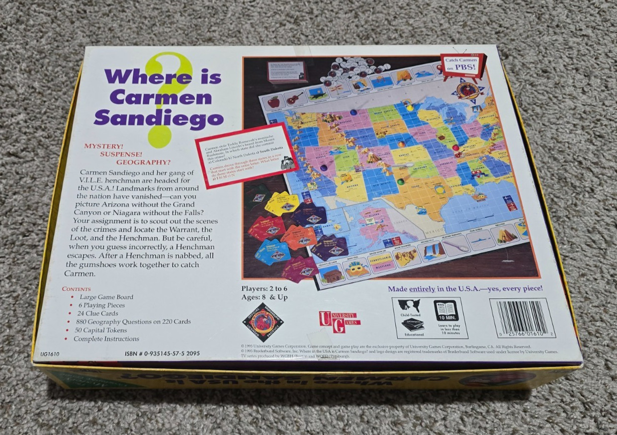 Vintage WHERE IN THE USA IS CARMEN SANDIEGO? Board Game University Games 1993