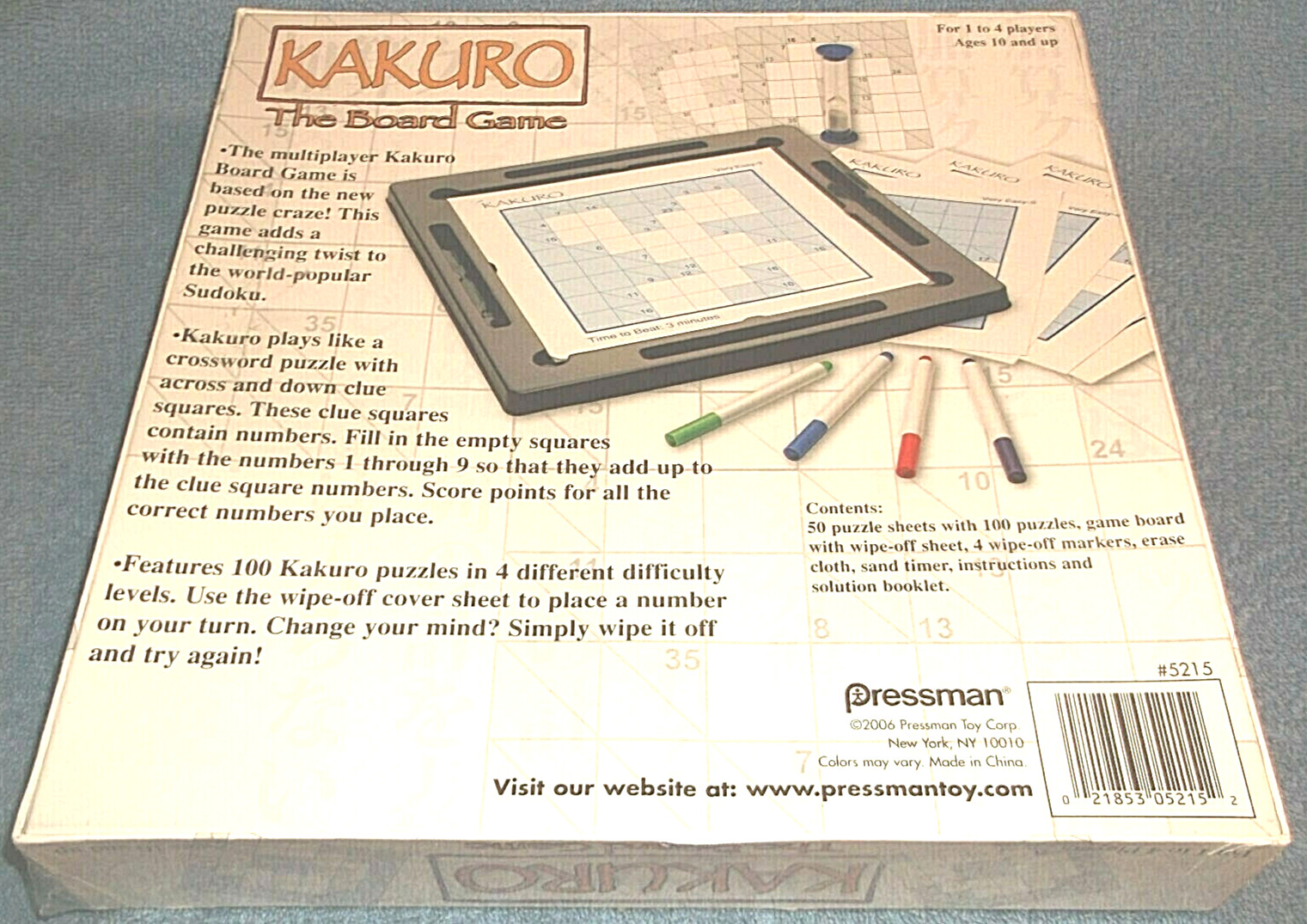 KAKURO THE BOARD GAME – THE ORIGINAL 1 TO 4 PLAYERS – 2006 PRESSMAN – NEW IN BOX