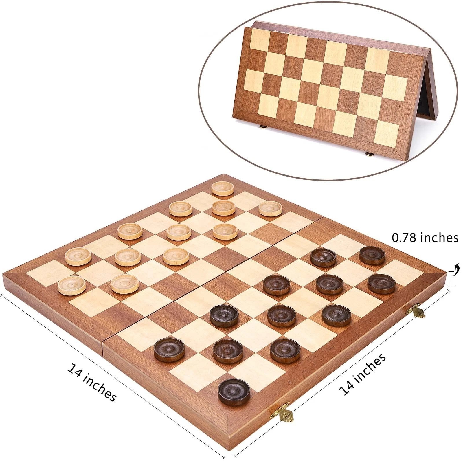 Wooden Folding Checkers Game Board Set w/ Wood Pieces & Storage Case 18″