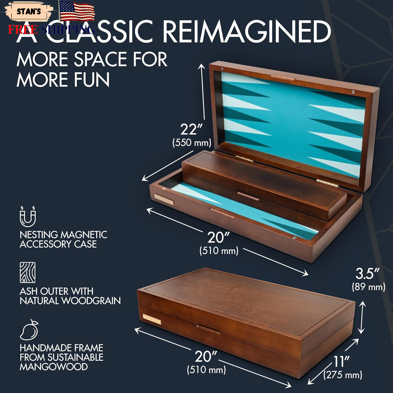 Large Backgammon Sets for Adults, Green Backgammon Board, Solid Wood 20 Inch NEW