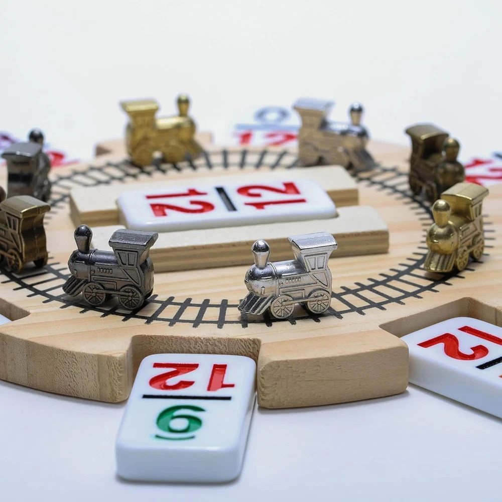 Mexican Train Dominoes Set Double 12 Color with Numbers and Wooden Hub 8 Metal T