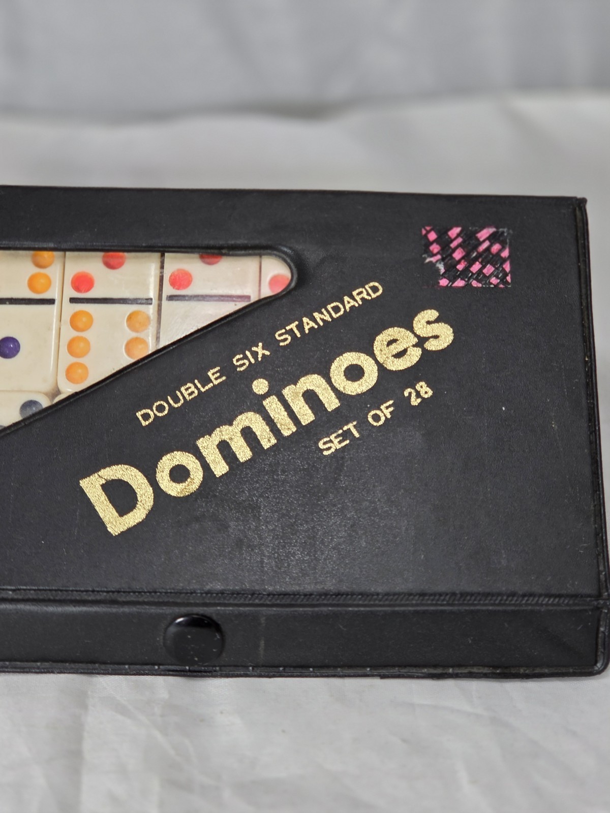 VINTAGE Dbl Six Jumbo Domino Set In Case 28 Pieces ,Ivory & Bright Colors.