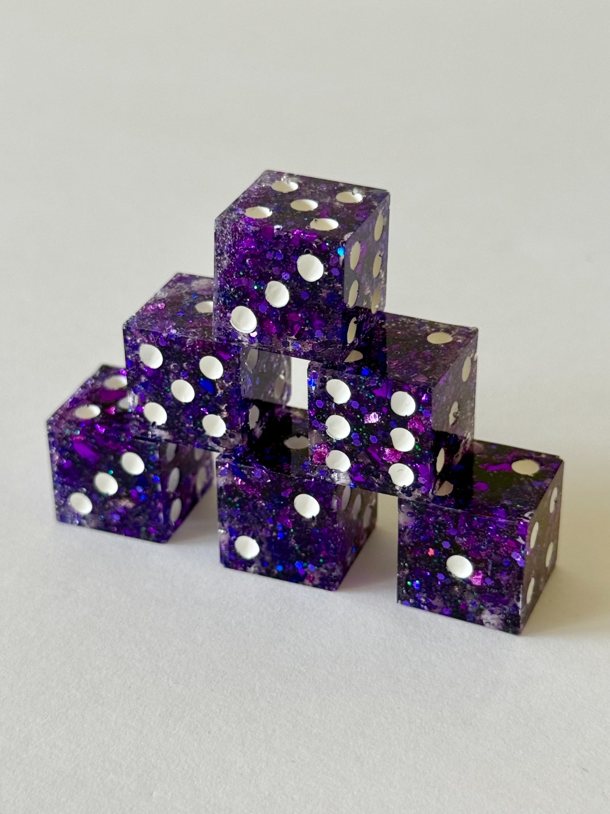 Resin Dice Set 6pcs – Violet Galaxy Glitter – Handmade Replacement Dice Games