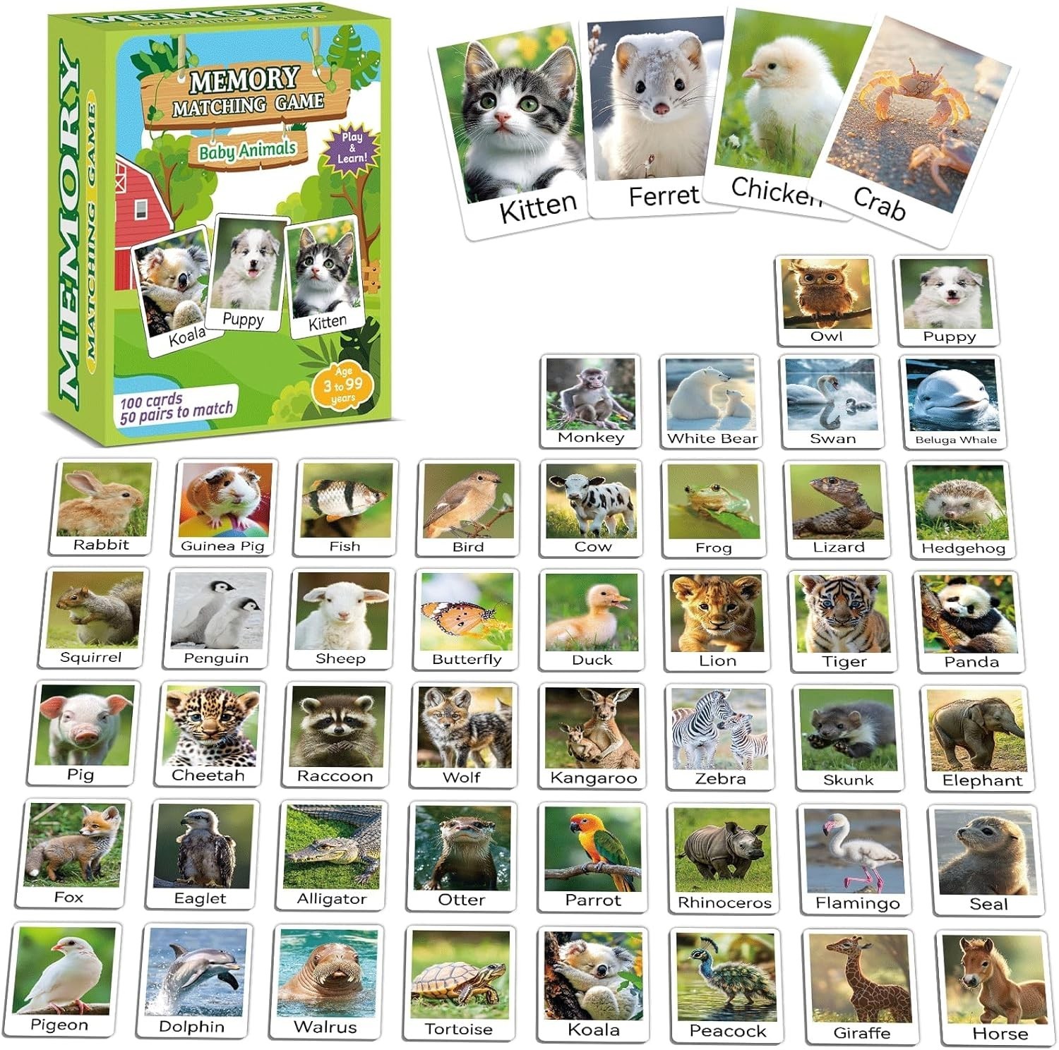 50 Pairs Memory Matching Game Animal Babies Concentration Memory Card Educati…