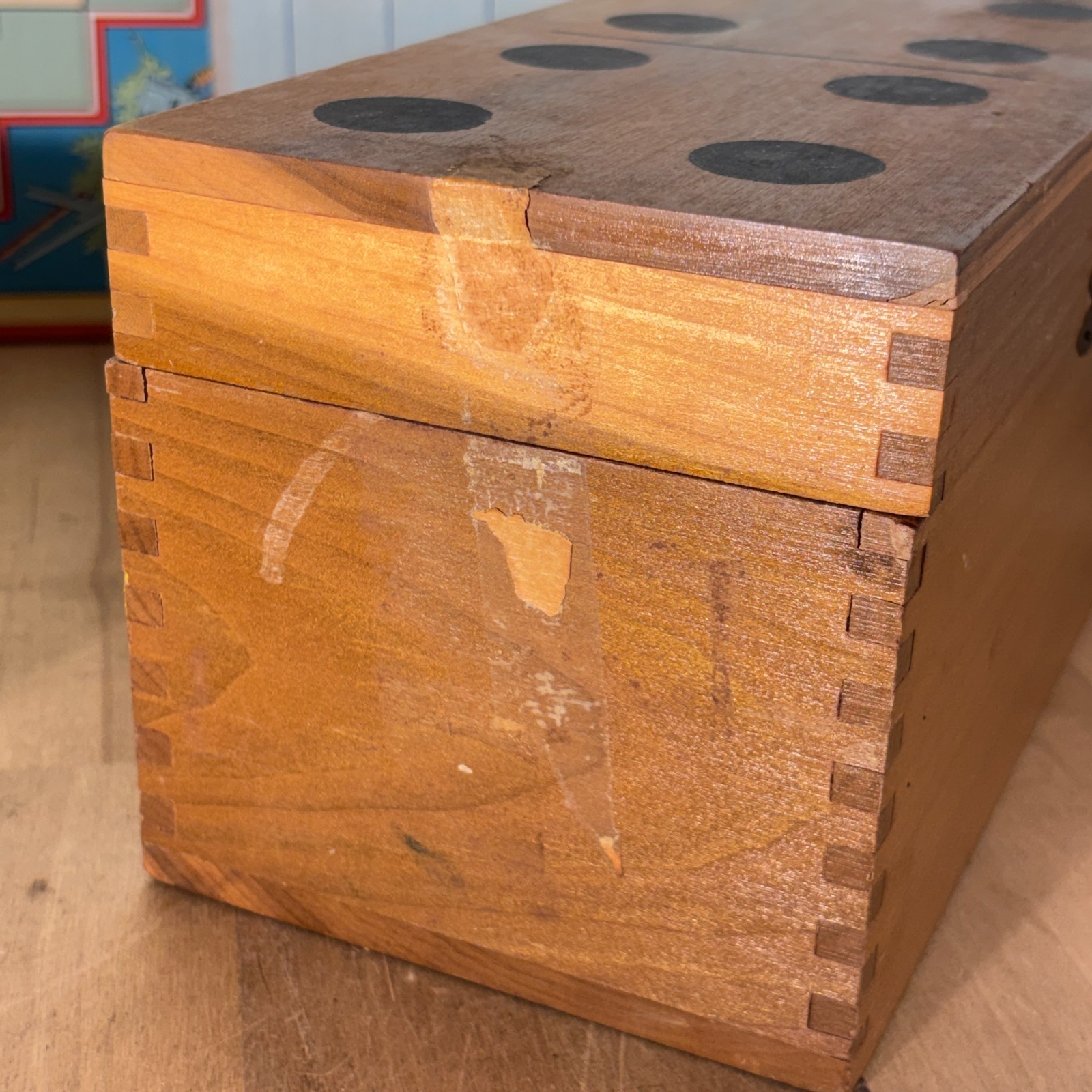 Vtg Creative Playthings Inc Oversized Domino Set in Wood Dovetail Box 28 Dominos