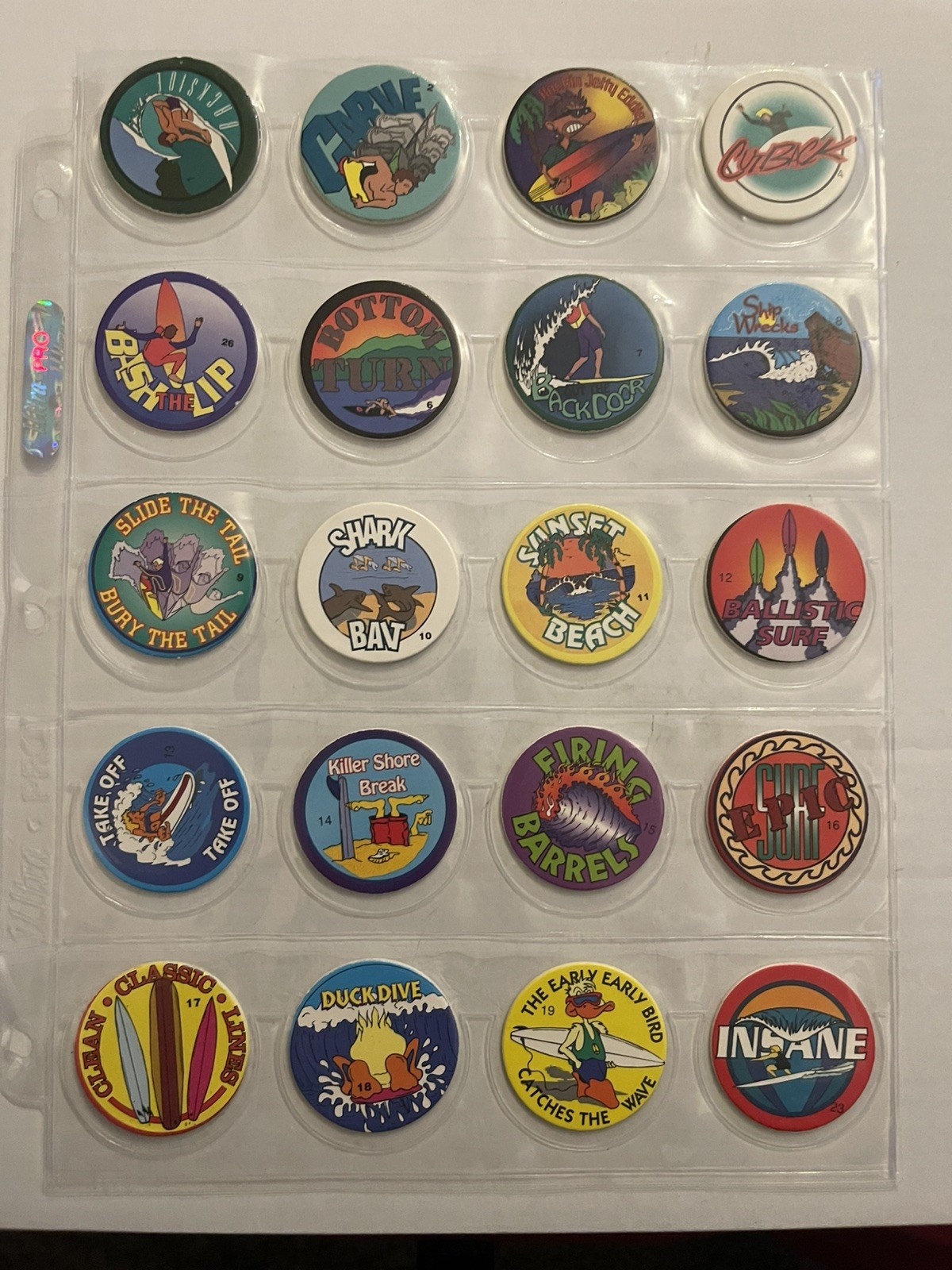 Vintage 90s Pog Milk Caps Lot of 28 SURF THEME Collectible Game + 2 Pages