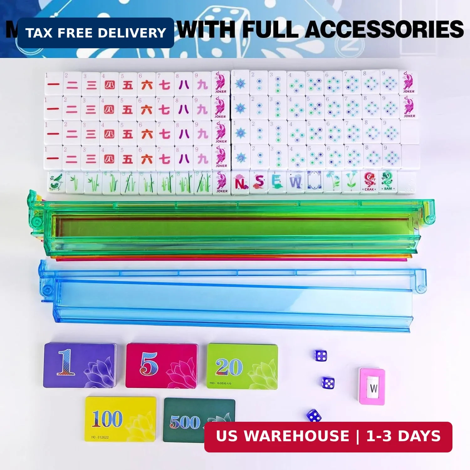Game Set, Portable Carrying Bag,Acrylic 160 Tiles,Western Mahjong Tiles Set,Comp