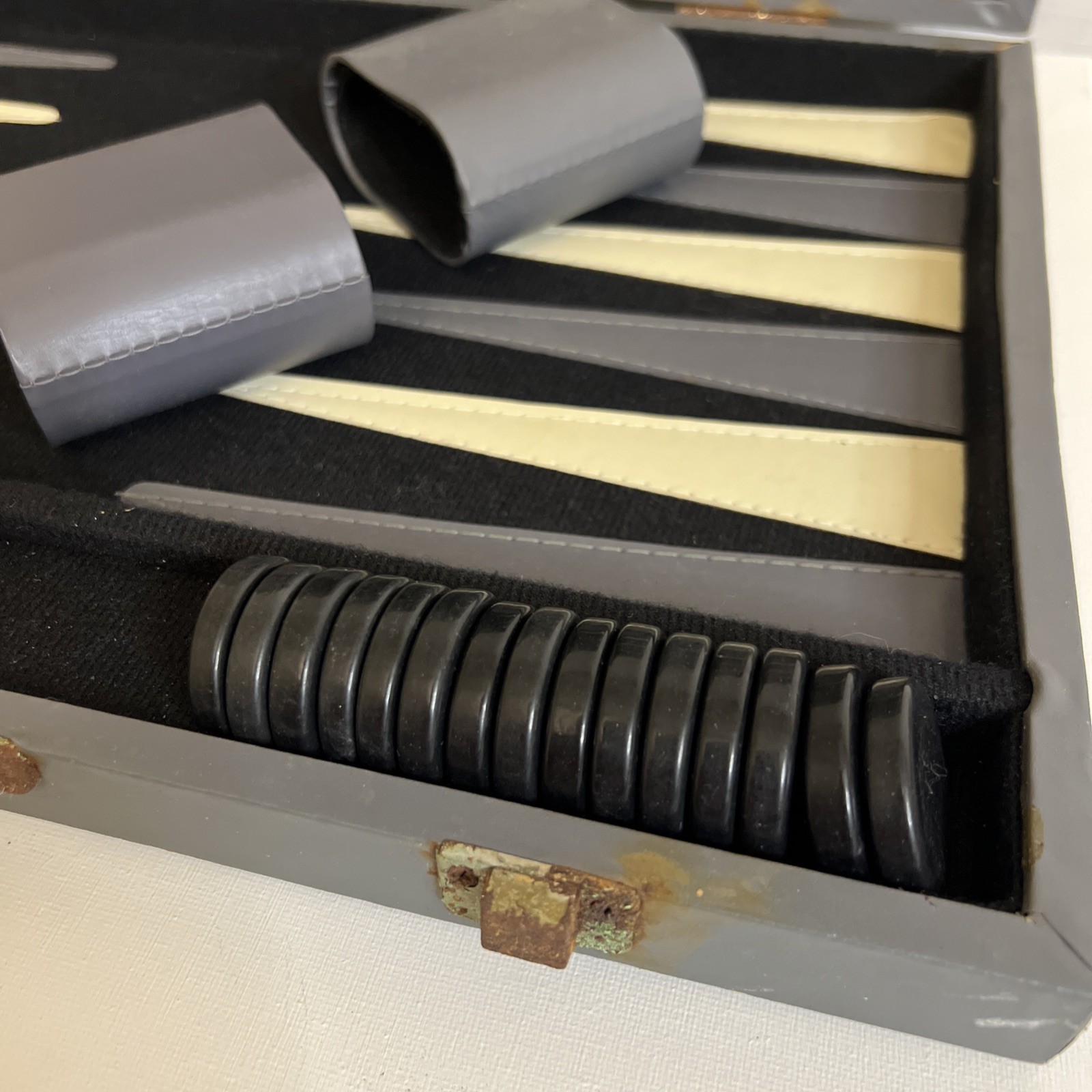 Vintage Backgammon Complete Set Gray Cream Points Black Felt Gray Faux Leather