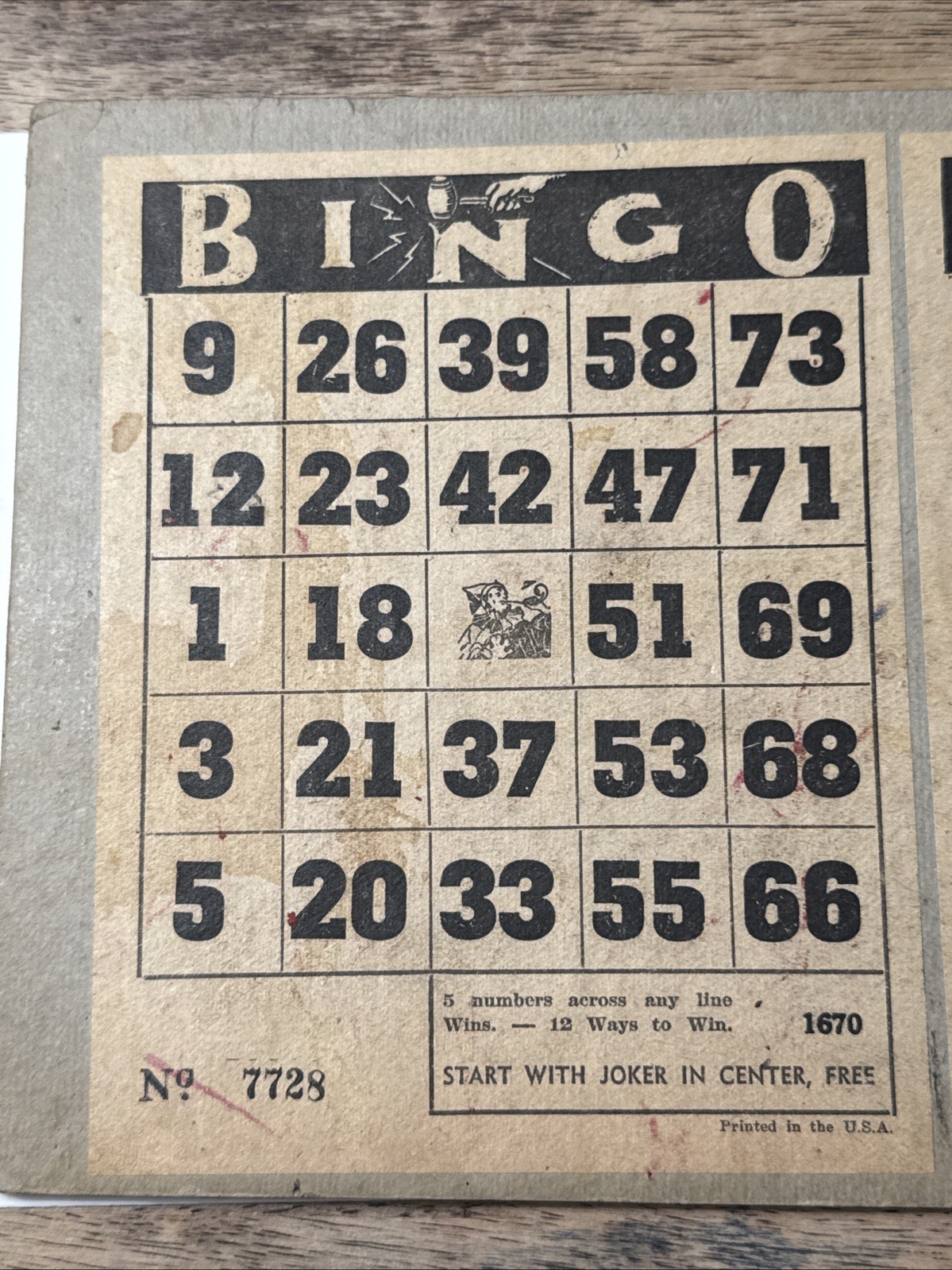 1930s Lg heavy Double BINGO Card Vtg Joker Center USA 12 Ways to Win