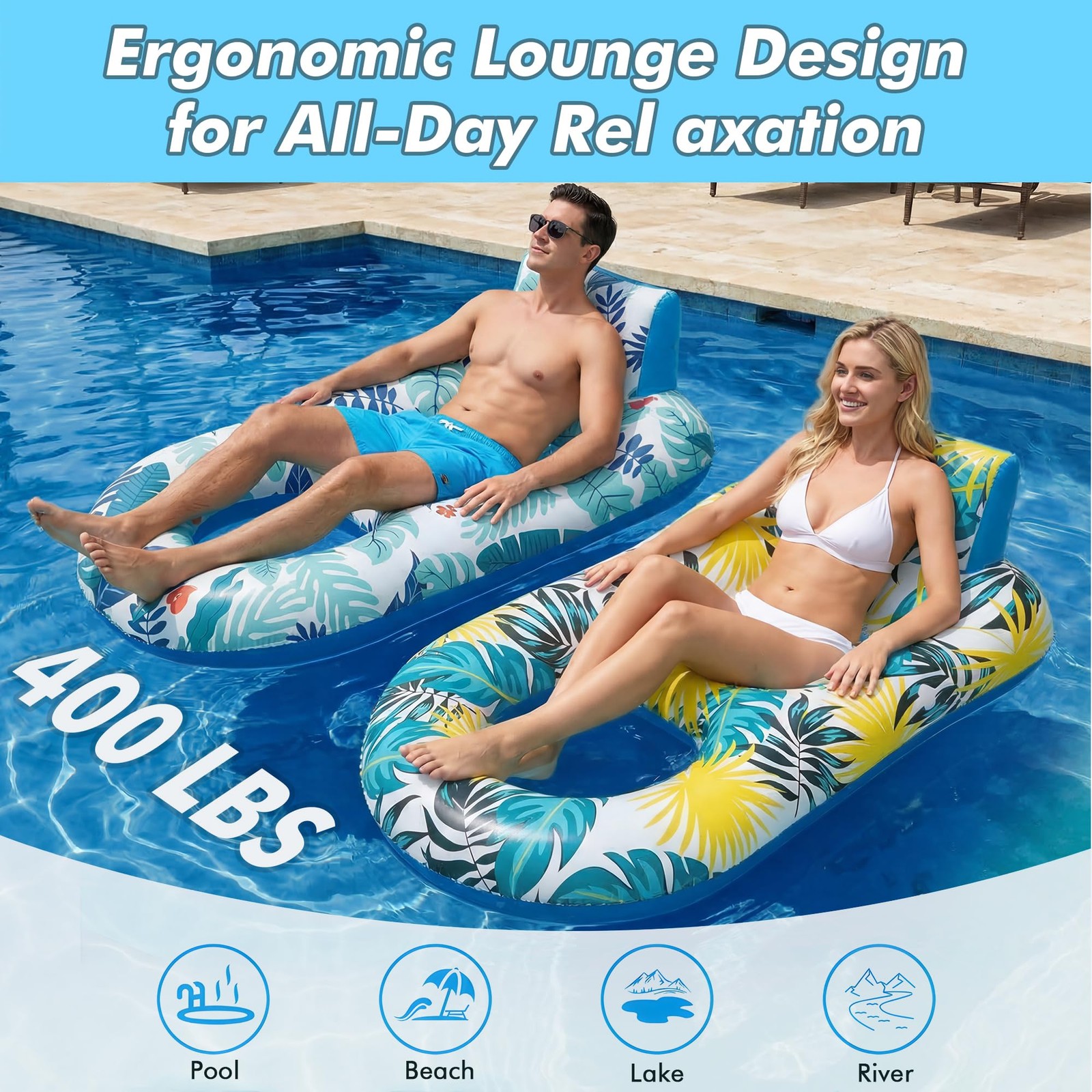 Pool Floats 2 Pack Inflatable Heavy Duty Lounger Backrest Footrest Giant Adult
