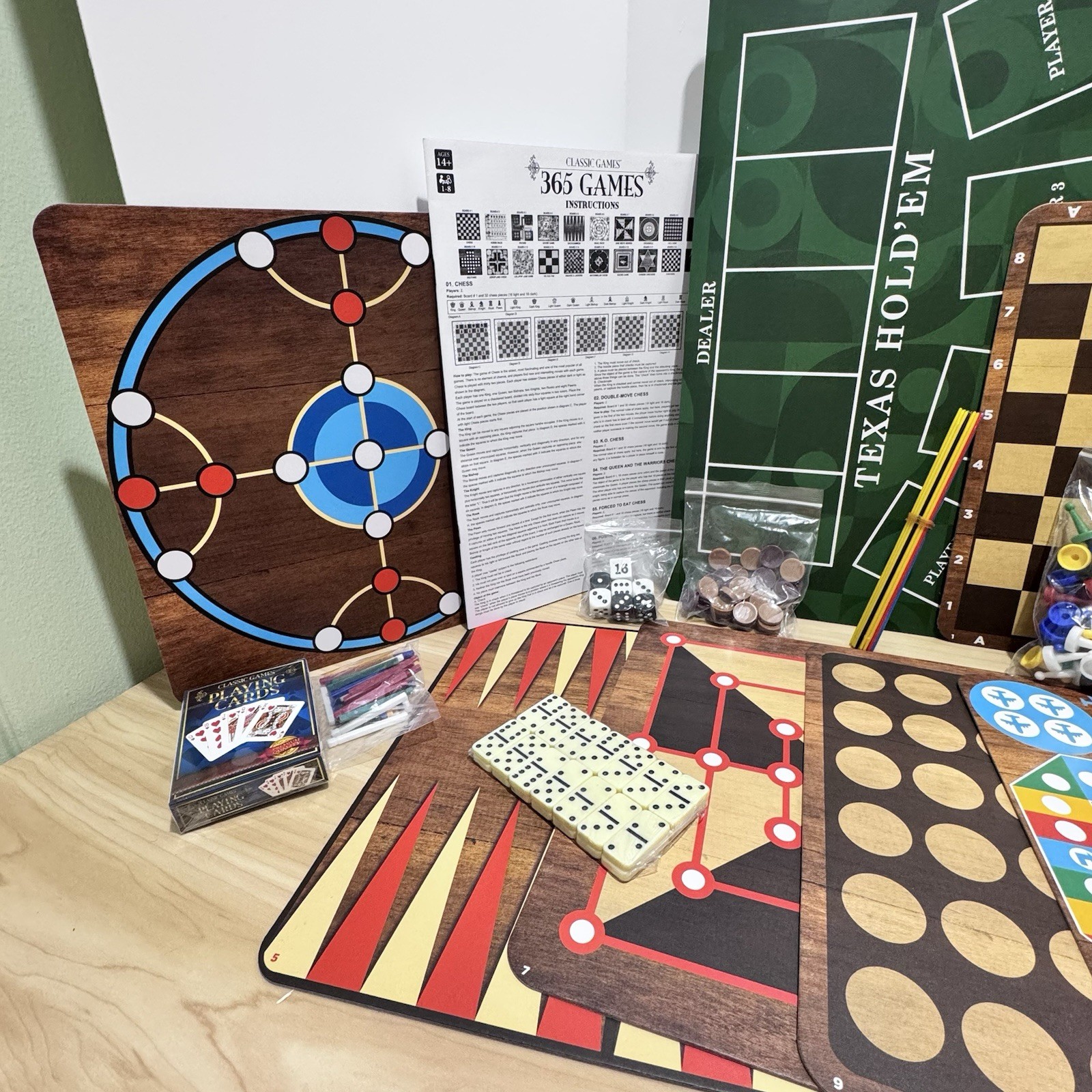 Classic Games 365 Game Set Board Games, Cards Dice, Double Sided Boards Open Box