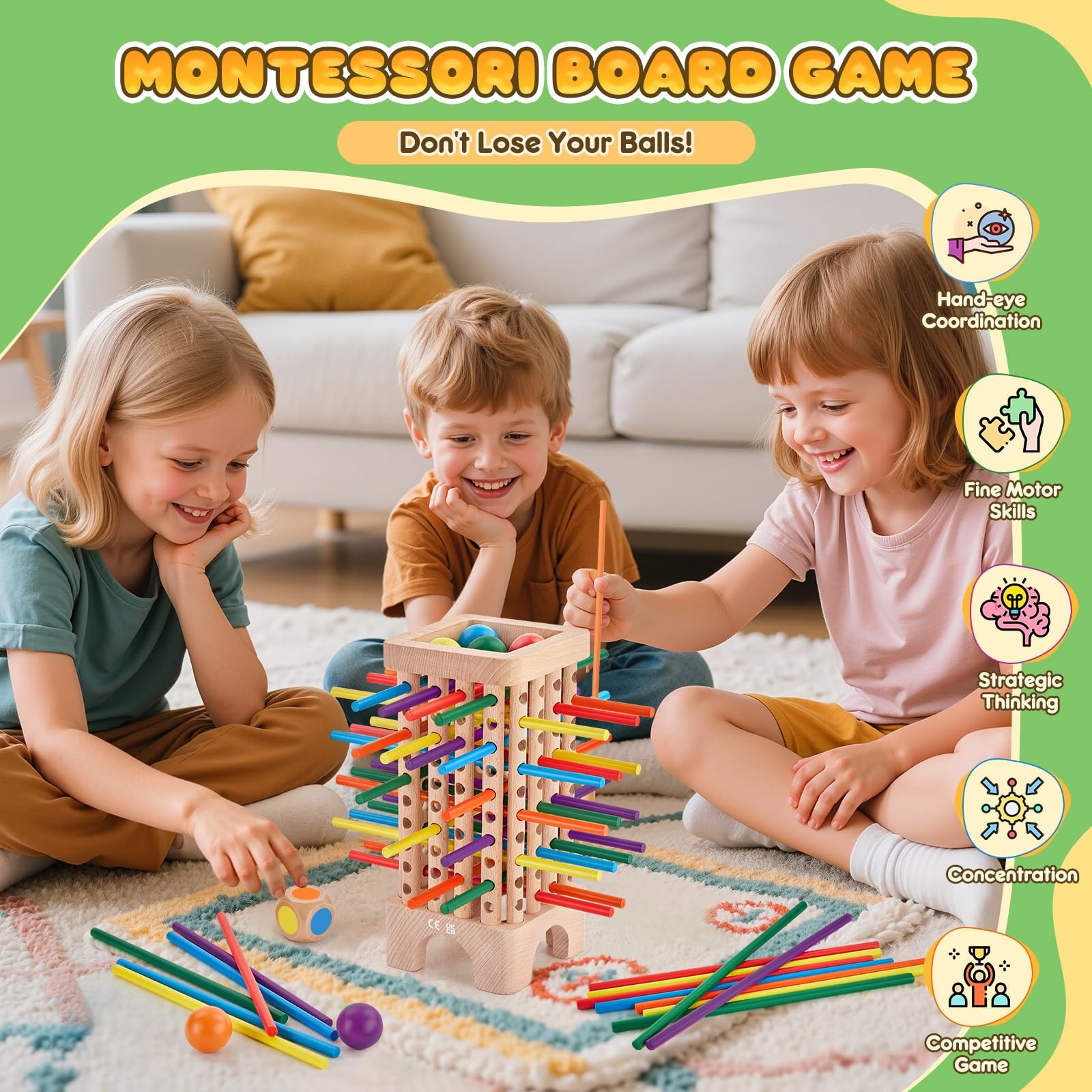Montessori Game Wooden Board Games, 42 Colorful Sticks Dice Game Math Learnin…