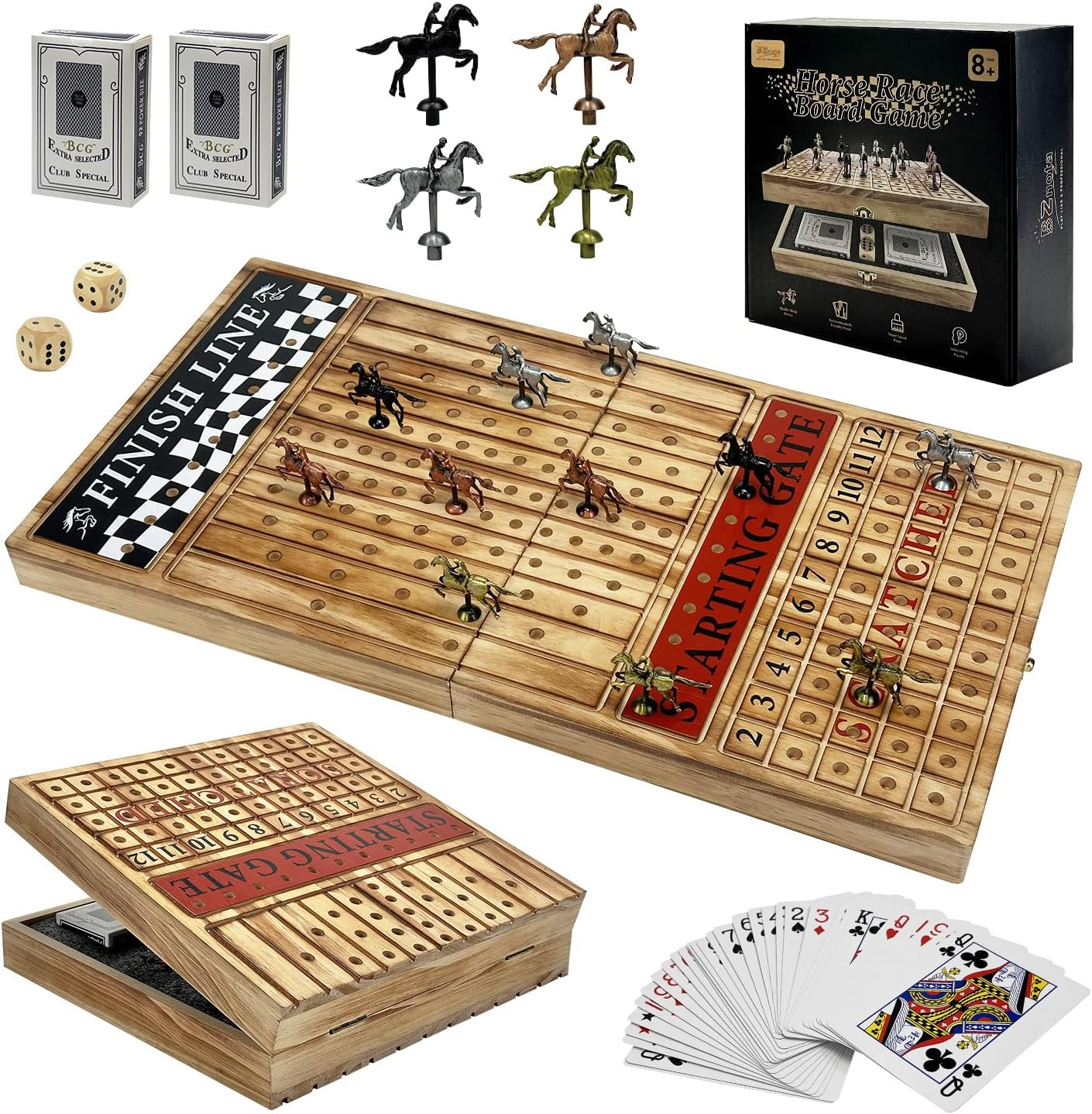 Large 23 Inches Horse Racing Board Game with 11 Luxury Metal Horses, Foldable Wo