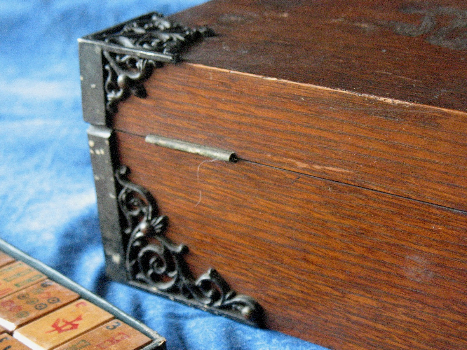 Antique Mahjong Set Oak Case 120 Painted Wood Tiles Dice Sticks Dated 1923