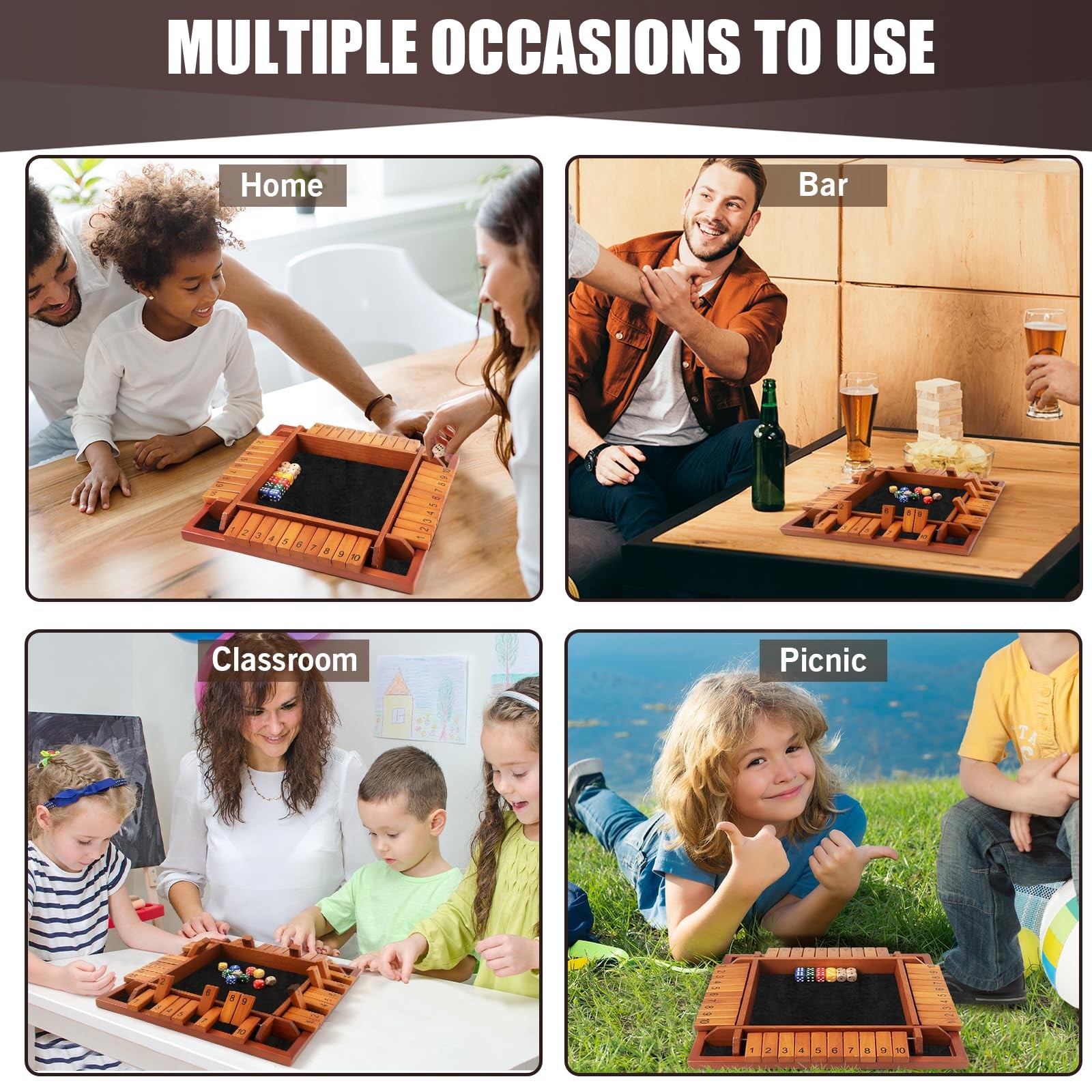 4 Players Shut the Box Dice Games, Wooden Board Table Math Game with 12 Dice …