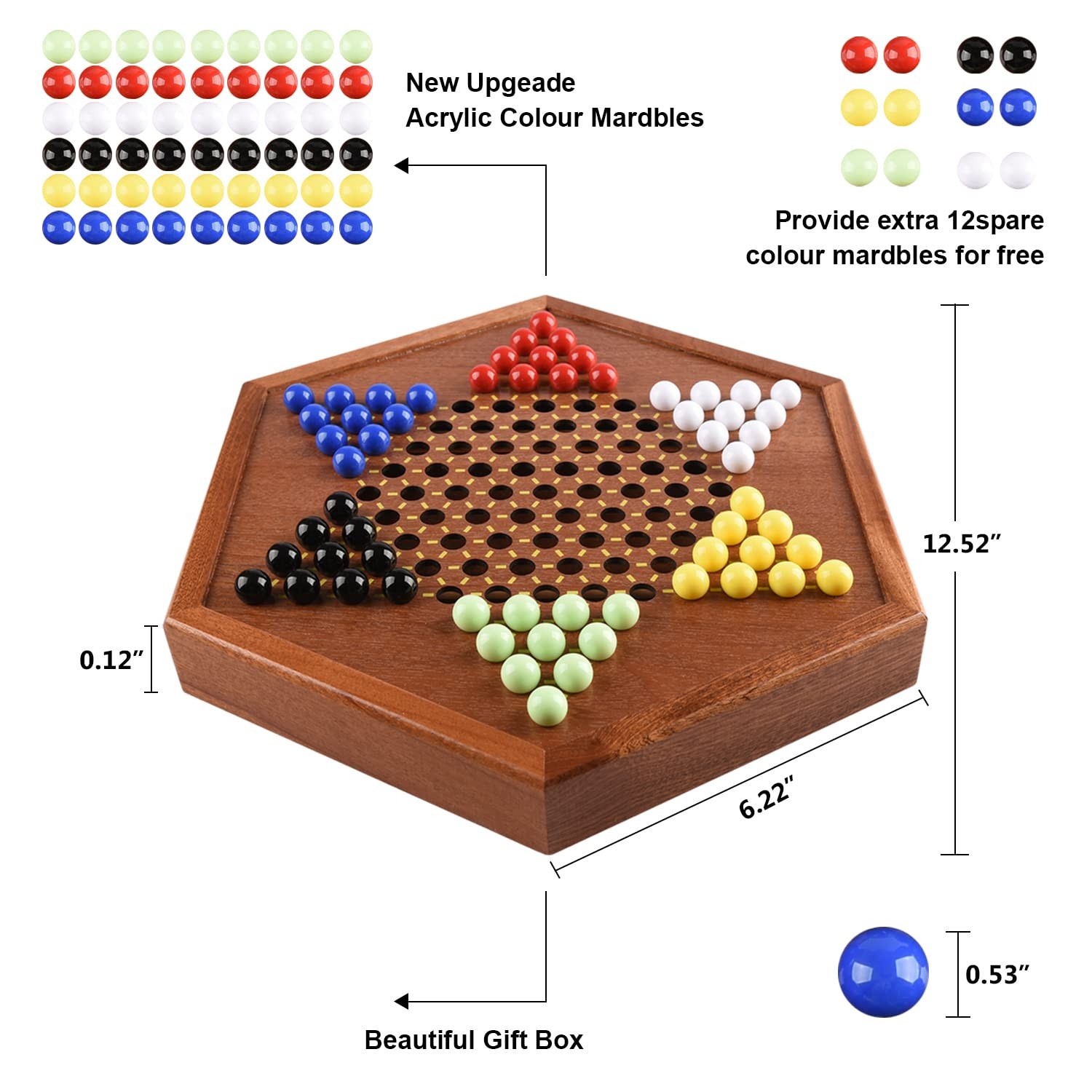Wooden Chinese Checkers with Drawers 12 Bonus Spare Marbles| Natural Wooden B…
