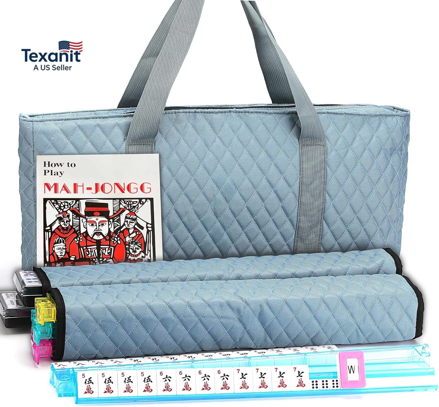 American Mahjong Game Set – Pearl Gray Quilted Soft Bag – 166 White Engraved Til