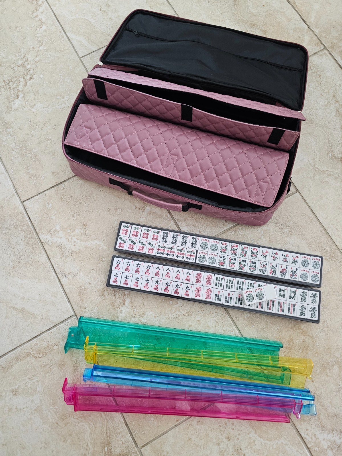 American Mahjong Set Purple Pink Quilted PU Leather Carrying Bag.0629U3