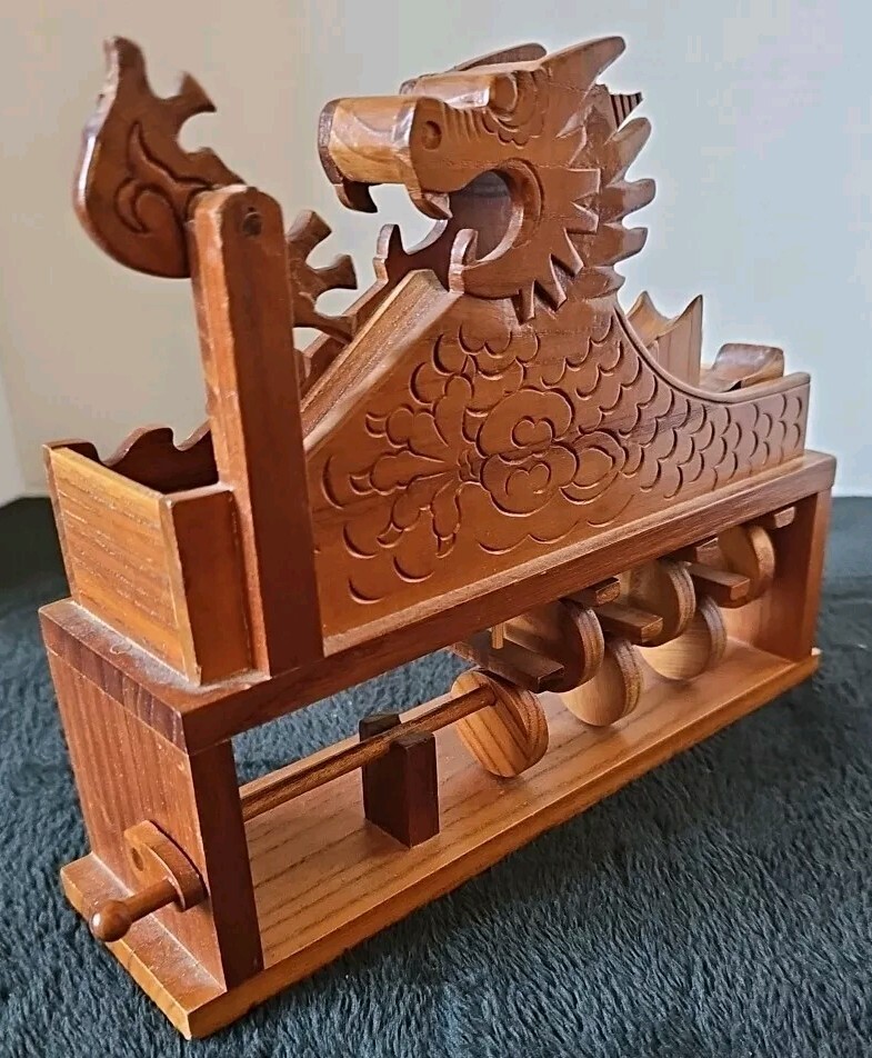 Unique Asian Dragon Themed Handmade Wooden Camshaft Marble Ball Mover Roller Vtg