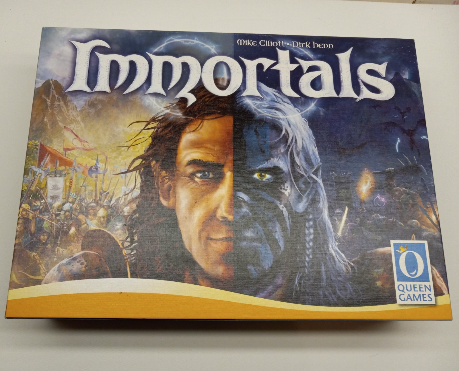 IMMORTALS Board Game Queen Games Almost Complete in Box Missing 1 Green Cube