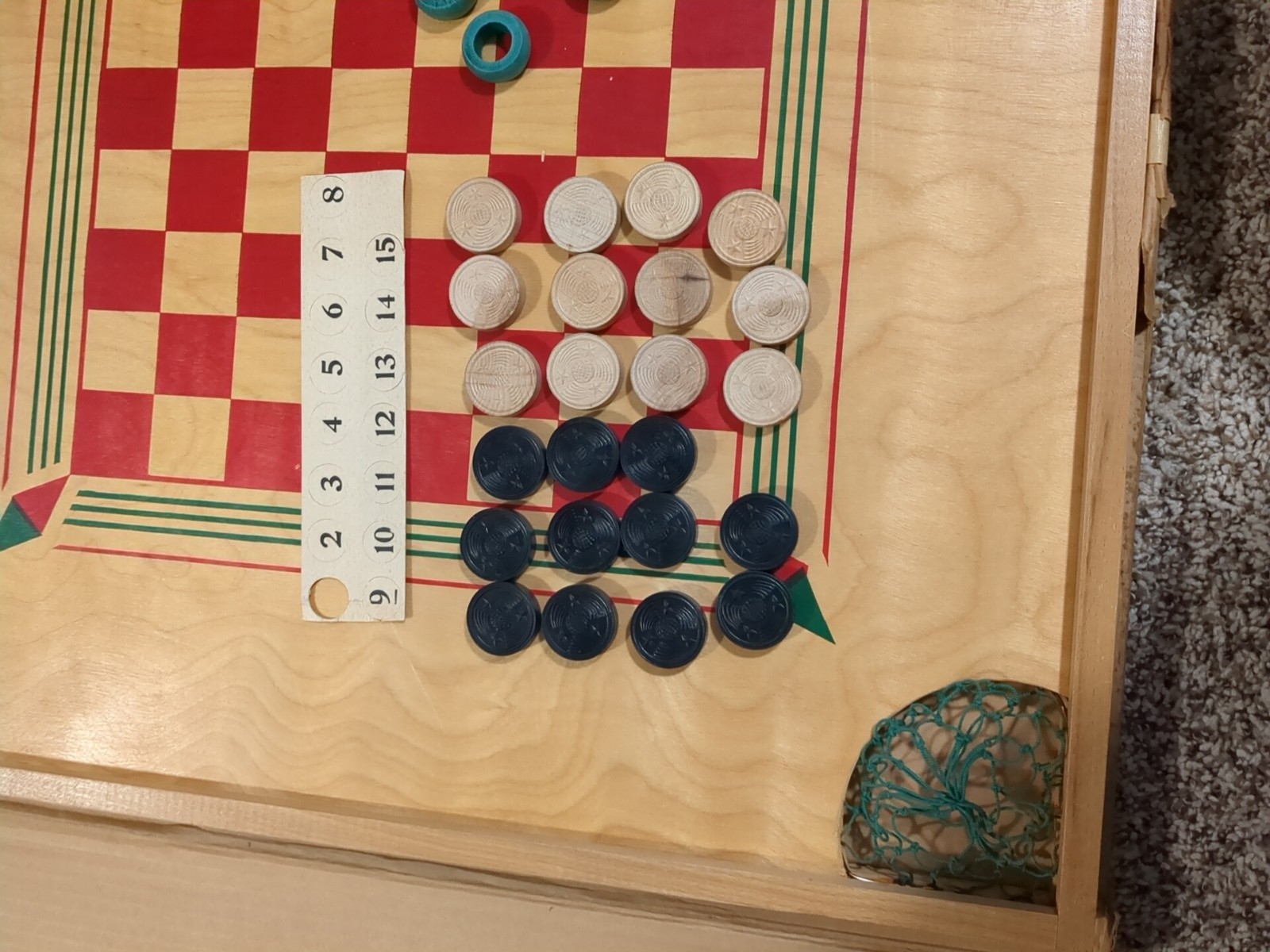 1950 No 50 Carrom Board from Carrom Industries w partial Set of Checkers & Rings