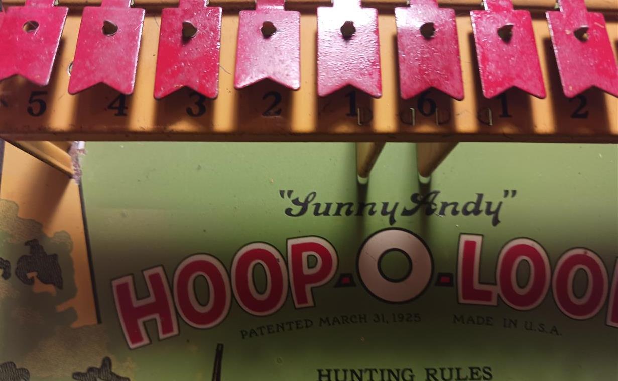 VINTAGE SUNNY ANDY HOOP O LOOP HUNTING GAME WOLVERINE 1925 SHOOTING TIN TOY