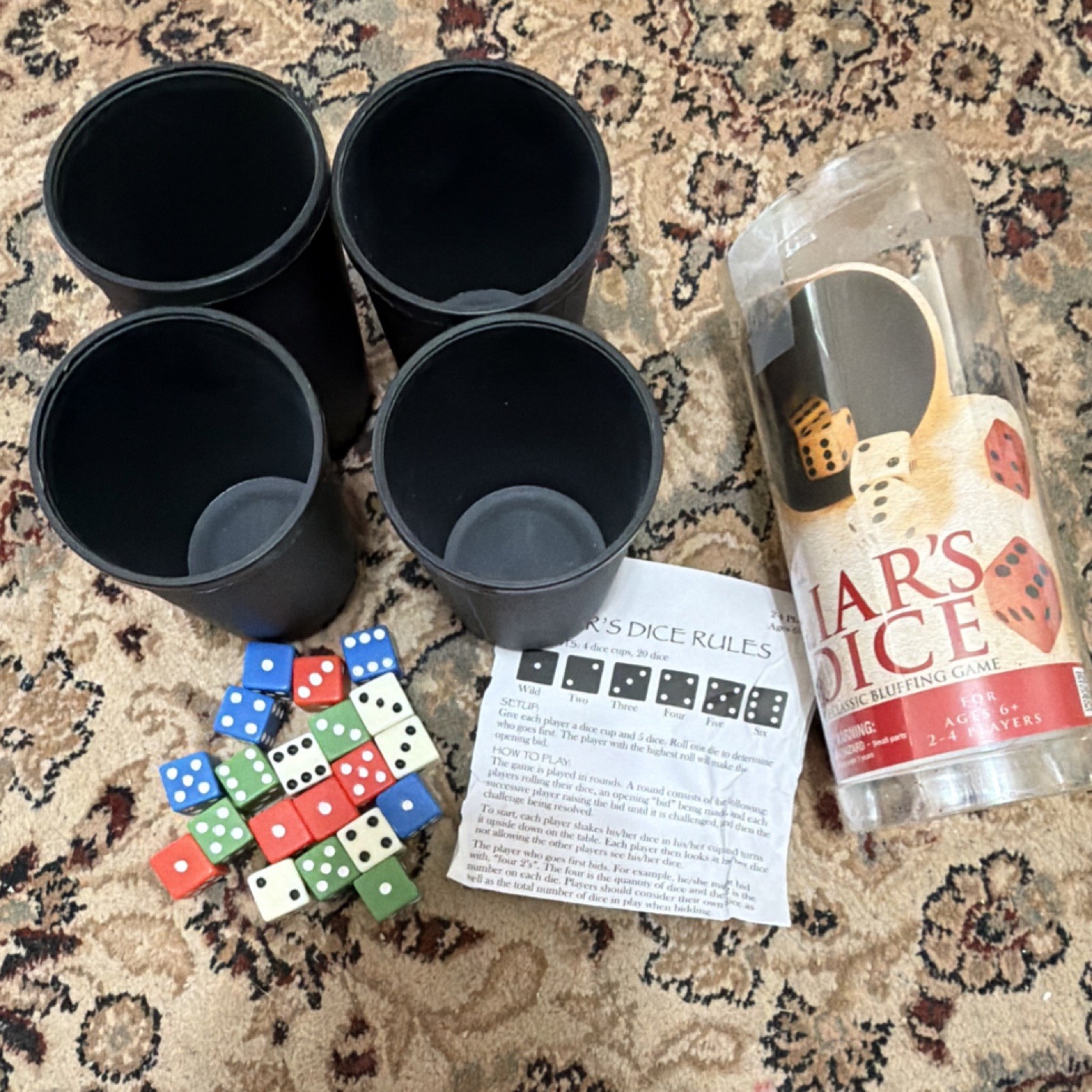 Liar’s Dice Classic Bluffing Dice Game w/ 4 Cups 20 Dice Rules 6+ 2-4