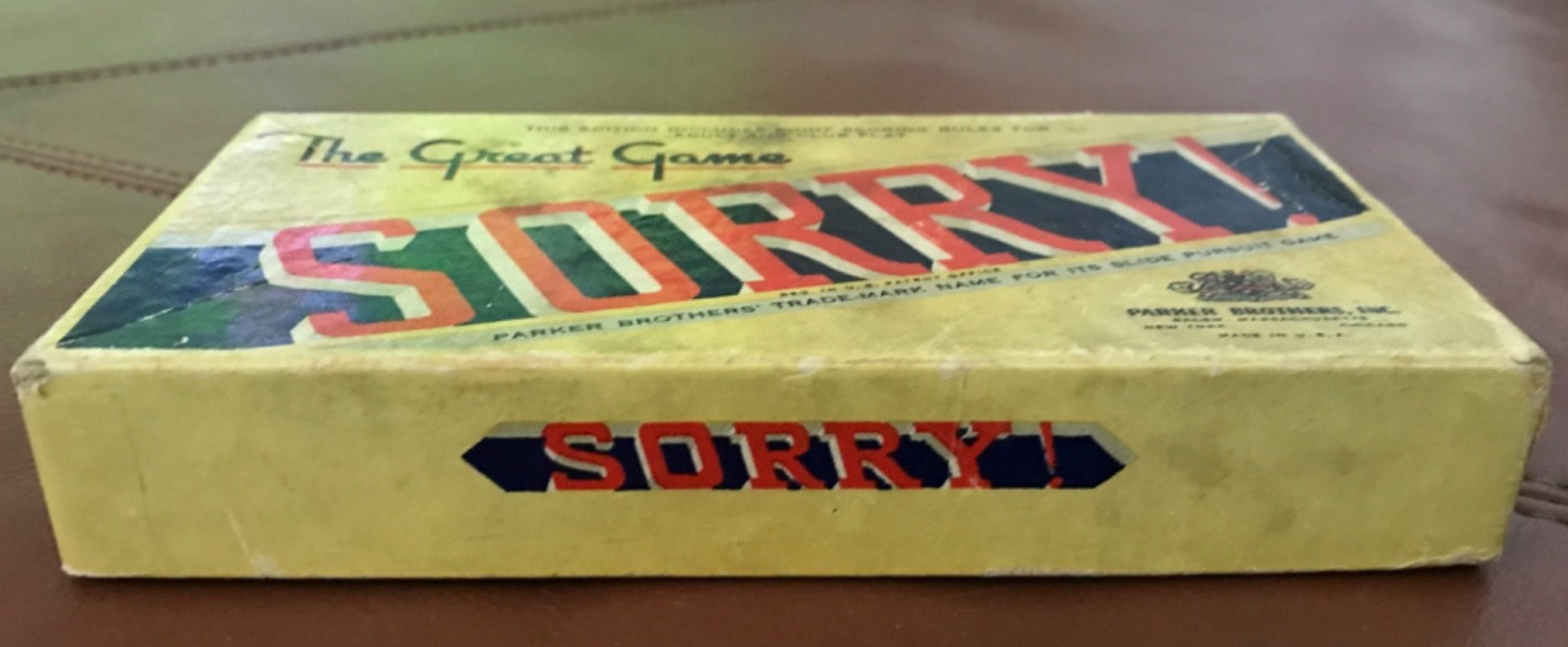 1950 Vintage SORRY Board Game Cards Wooden Pegs instructions 1 blue peg missing