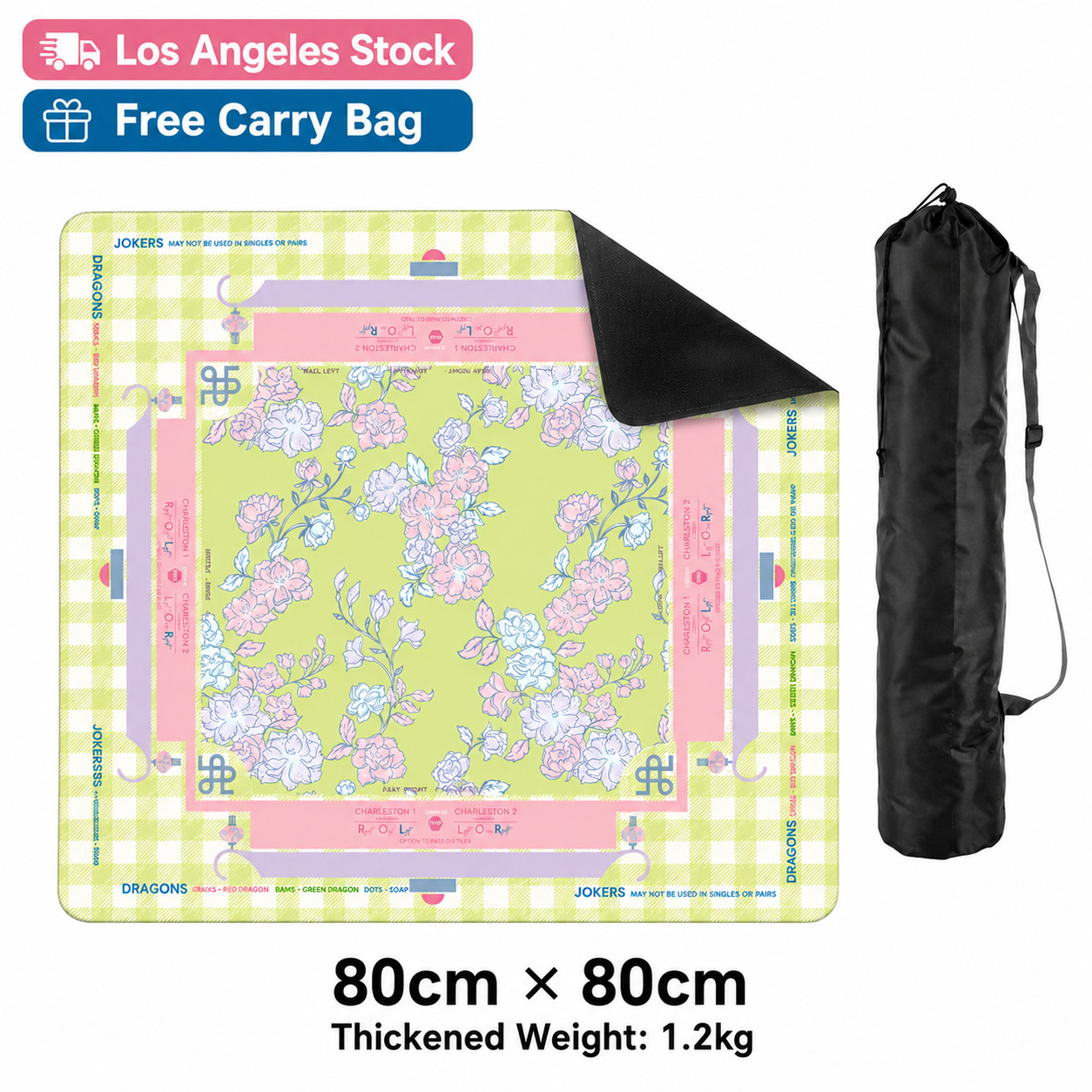 80x80cm Thickened Mahjong Table Mat – Green Checkered Flowers Mat With Carry Bag