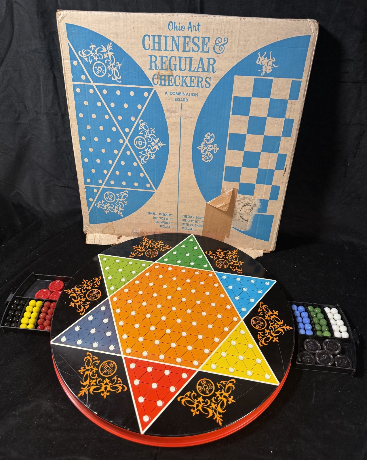 Vintage Ohio Art Chinese & Regular Checkers Metal Game Board & Pieces (B1)