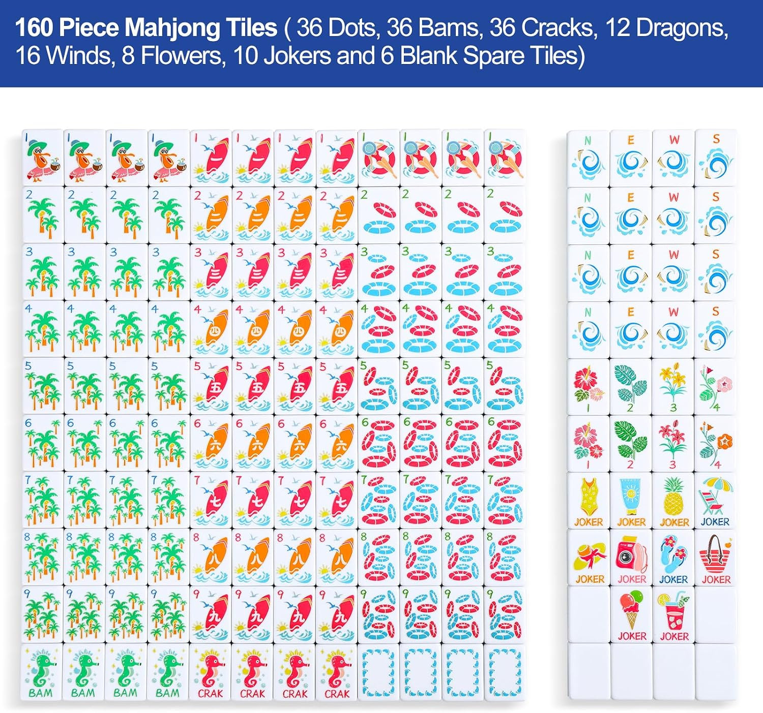 Summer American Mahjong Set: 160 Dark Blue Tiles, 4 Racks, Mahjong Bag and Acces