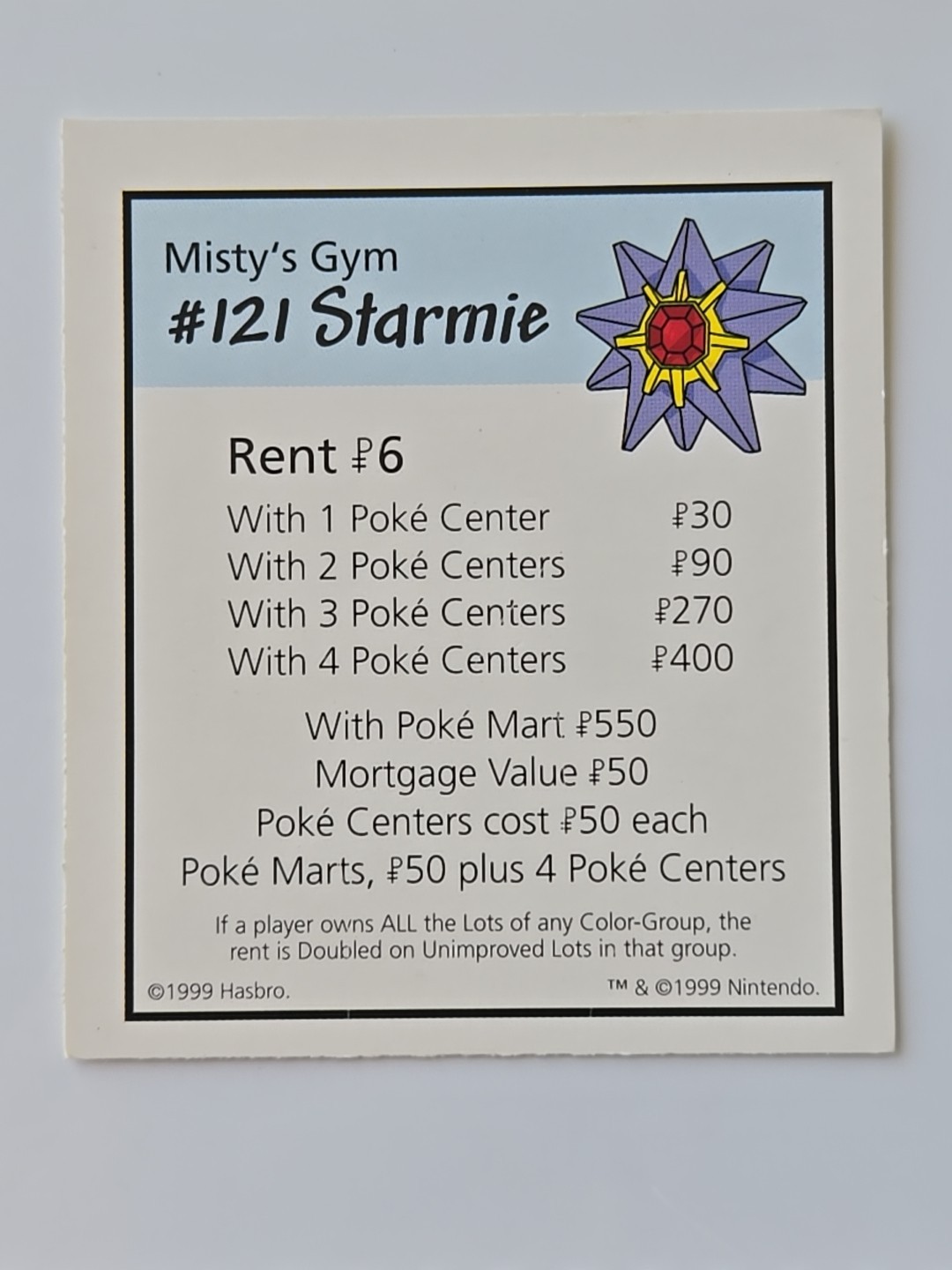 1999 Monopoly Pokémon #121 Starmie Light Blue Title Deed Card Game Piece Part