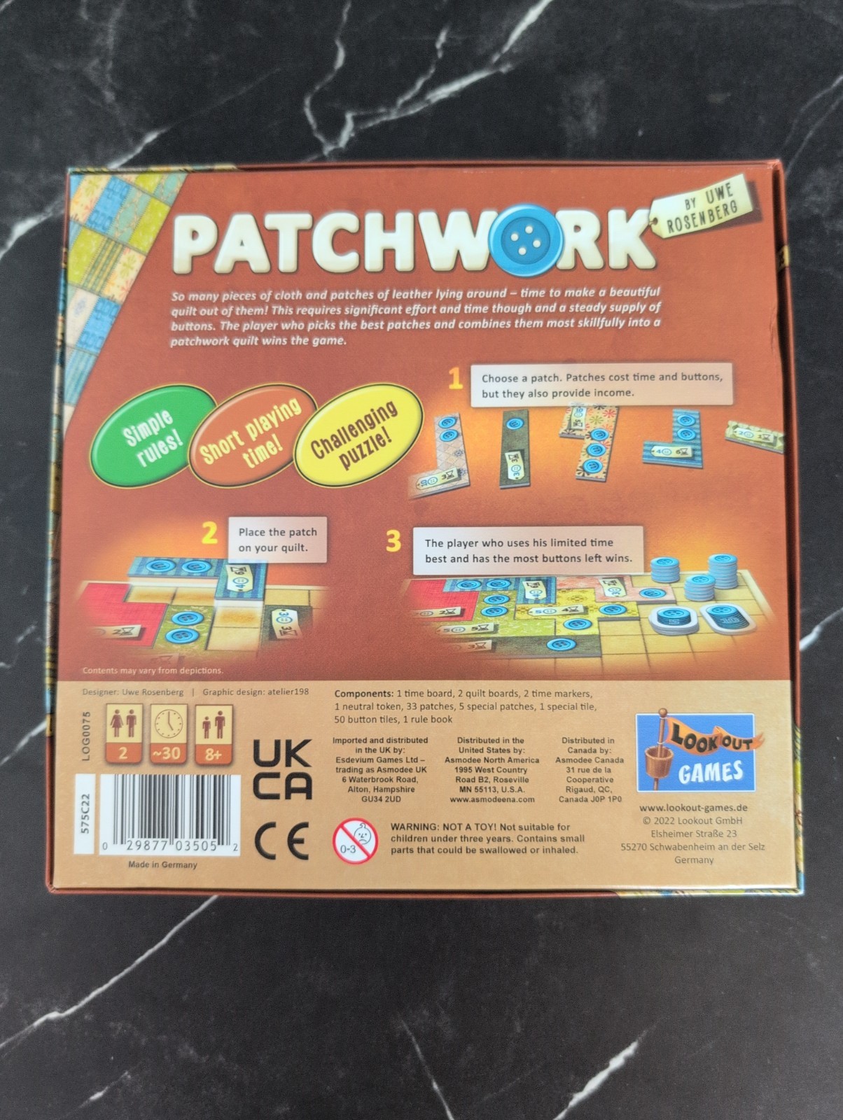 Patchwork Boardgame Uwe Rosenberg Lookout Games Complete Sewing Tile Game Vtg