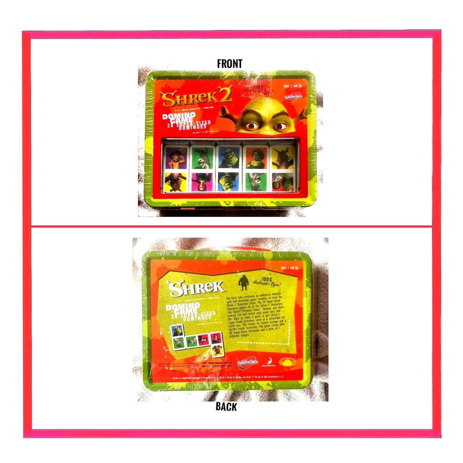 Shrek 2🎲Domino Game Tin👹Lunch Box 2004 Sababa Toys Dreamworks Fun Kid Gift,NEW