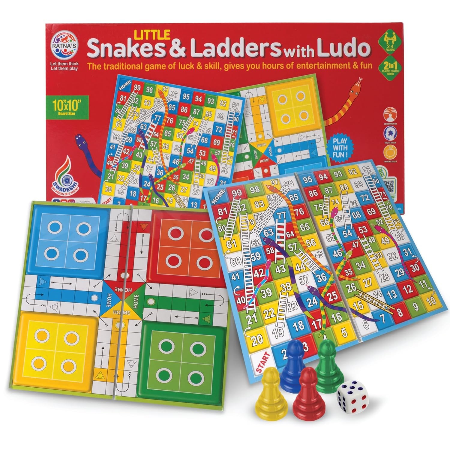 Ludo Board Family Game For Kids & Adults 2-in-1 Snakes & Ladder & Ludo Board