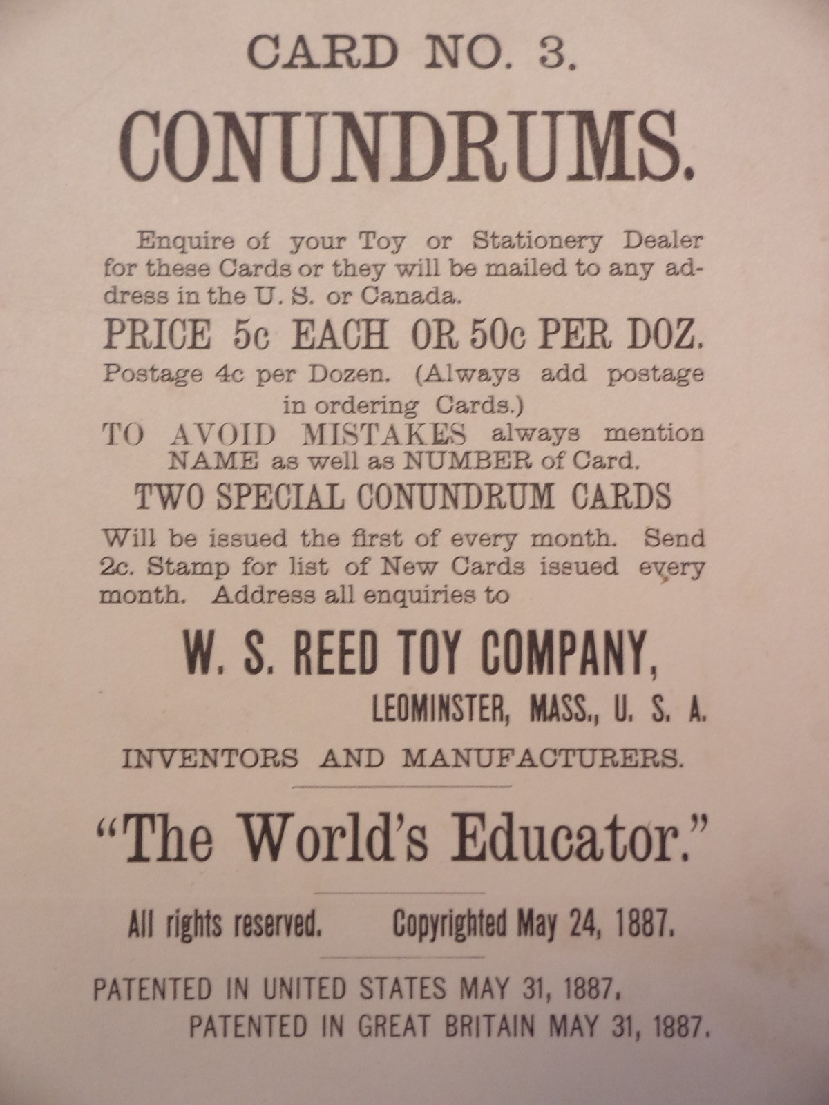 RARE 1887 Parlor Game: THE WORLD’S EDUCATOR, W.S. Reed Toy Co., Leominster, MA.