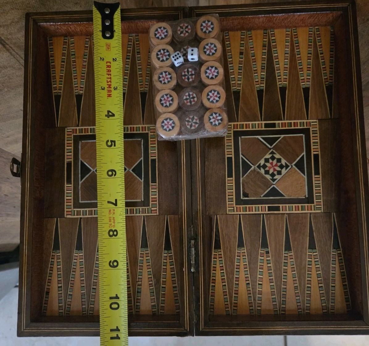 Vintage Mosaic Inlay Chess Backgammon Set Handcrafted Wood Marquetry Game Box
