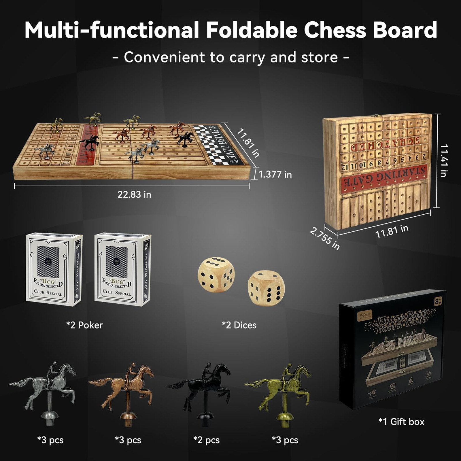 Large 23 inches Horse Racing Board Game with 11 Luxury Metal Horses, Foldable