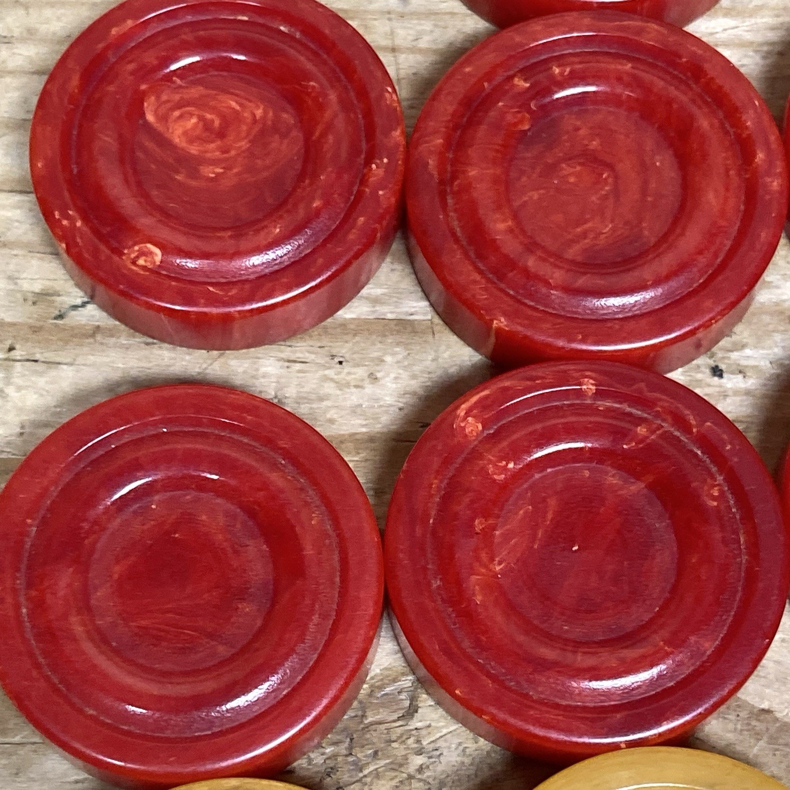 Vintage Bakelite Backgammon Checkers Set with 13 Pieces Red Yellow Butterscotch