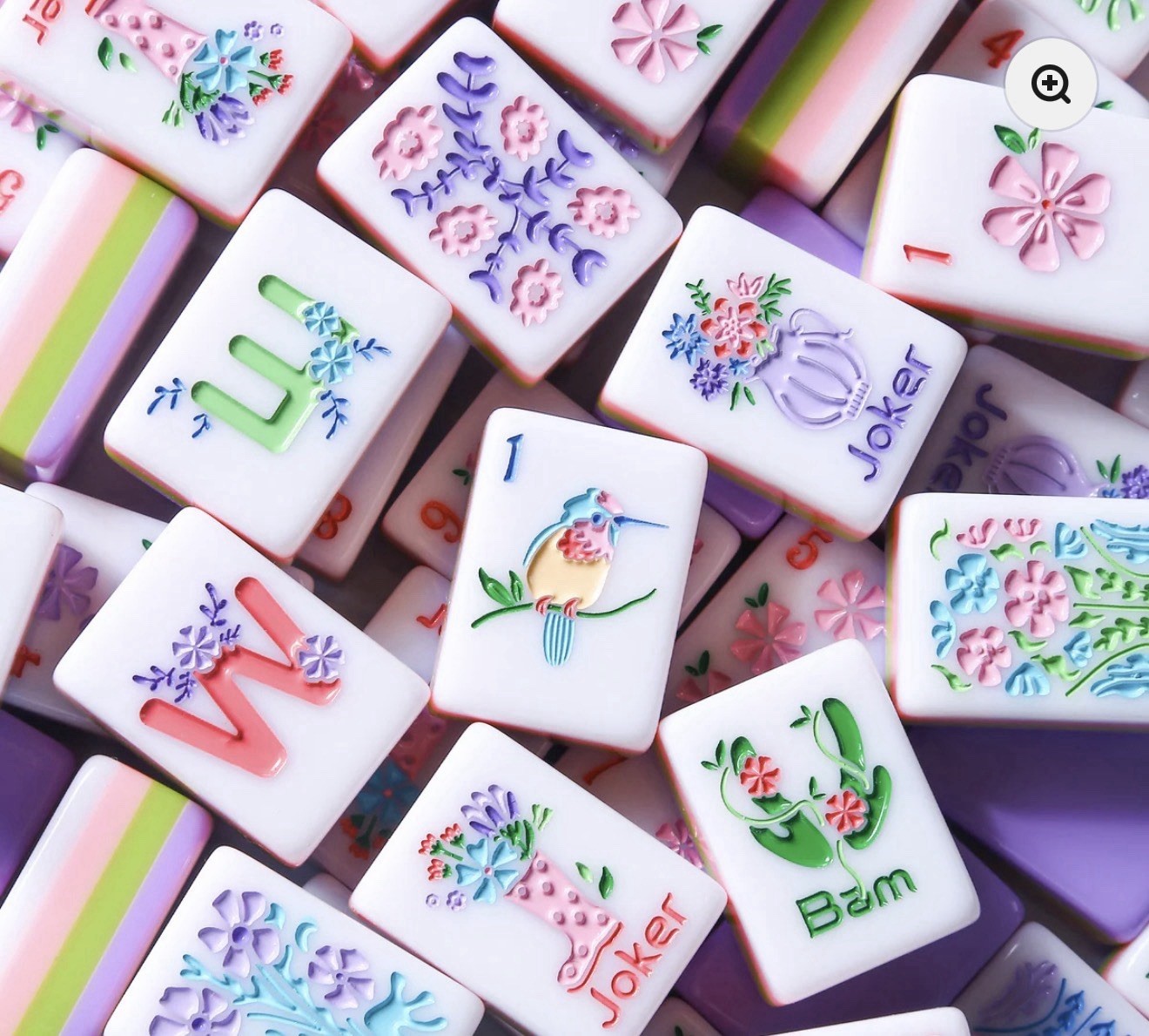 VIRORA ‘Florea’ Mahjong Set, 160 Purple 4-Layer Tiles, Tile Bag, Box & 4 Dice