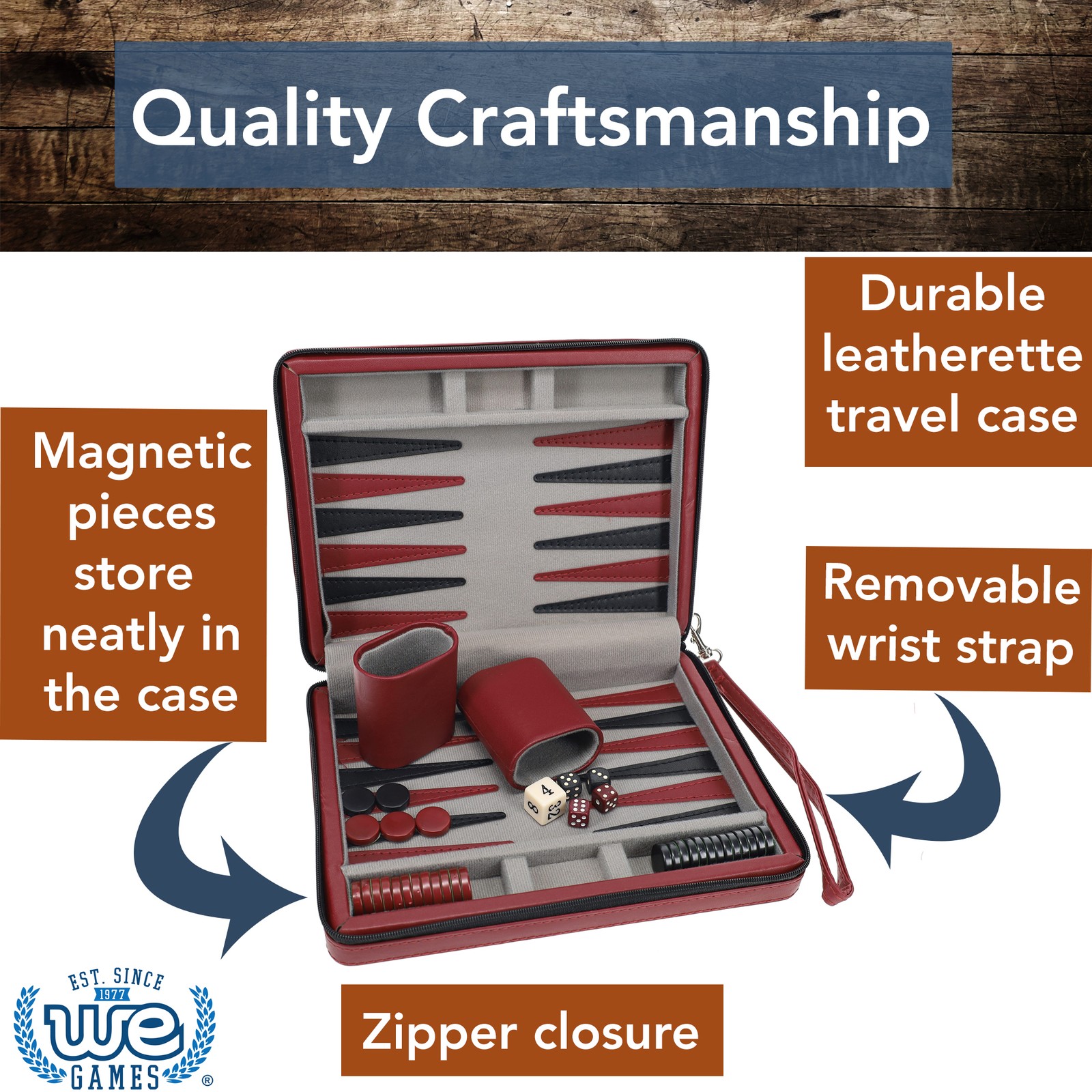 WE Games Magnetic Backgammon Set, Leatherette Case, Carrying Strap – Travel Size