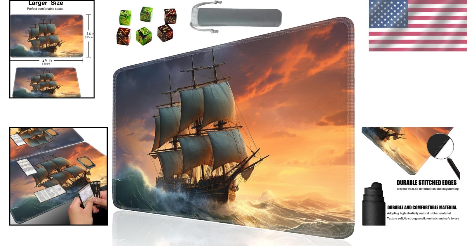 Waterproof and Washable Gaming Playmat 24″ x 14″ for Card Games with Dice
