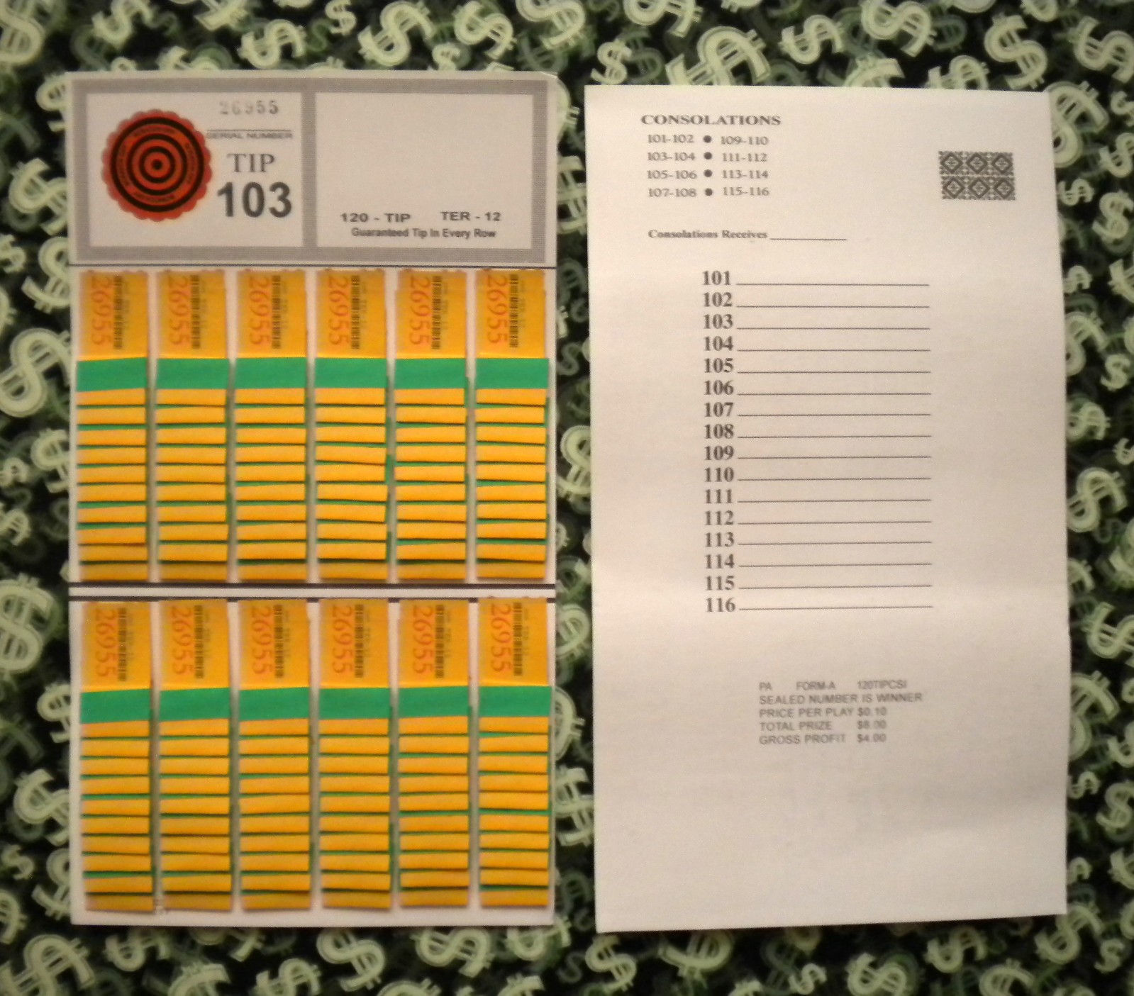 1 Dozen 120 TER-12 REGULAR “NOT Sure” TIP BOARDS {101-116} Pull Tab Jar Tickets