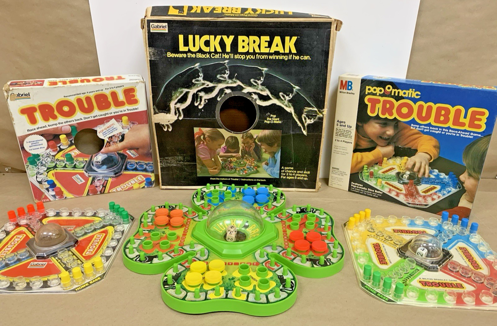 Vintage Family Game 3pc Lot Gabriel PopOMatic Lucky Break Milton Bradley Trouble