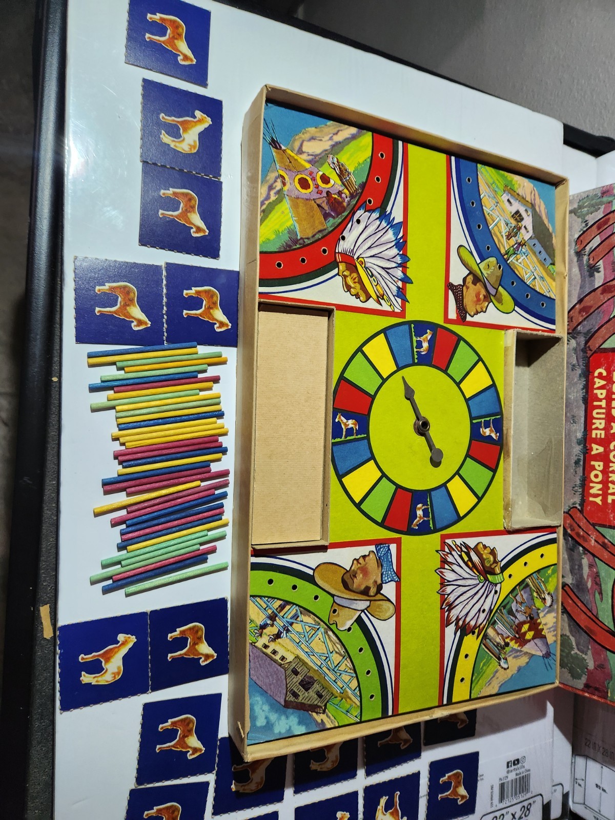 GAME OF COWBOYS AND INDIANS 1950 SAML GABRIEL SONS GREAT GRAPHICS WOODEN PIECES