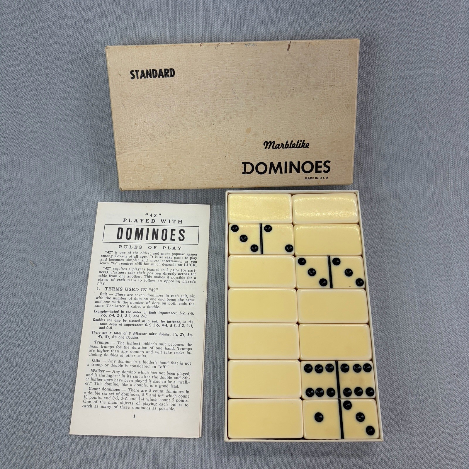 Vintage Marblelike Standard Double Six Dominoes Set 28 Tiles Rule Book USA W/Box