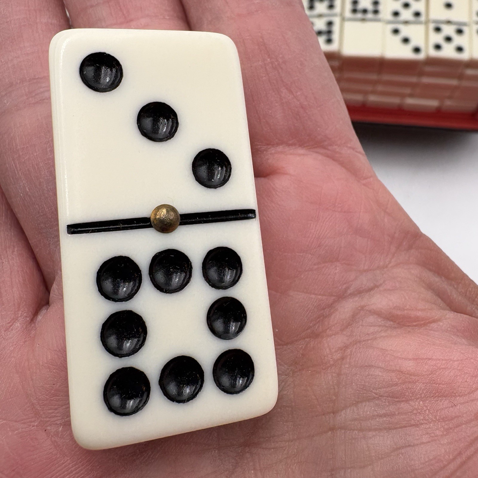 Colton Lewis Double Nine Domino Set Ivory Tone Brass Spinner Resin 55 Tiles Case