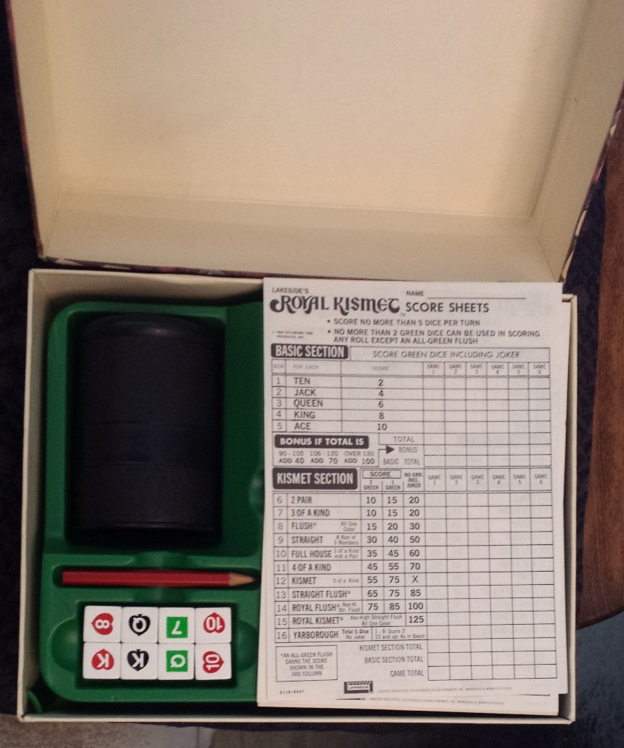 Royal Kismet Poker Dice Game Complete with a few Score sheets – Lakeside 1974