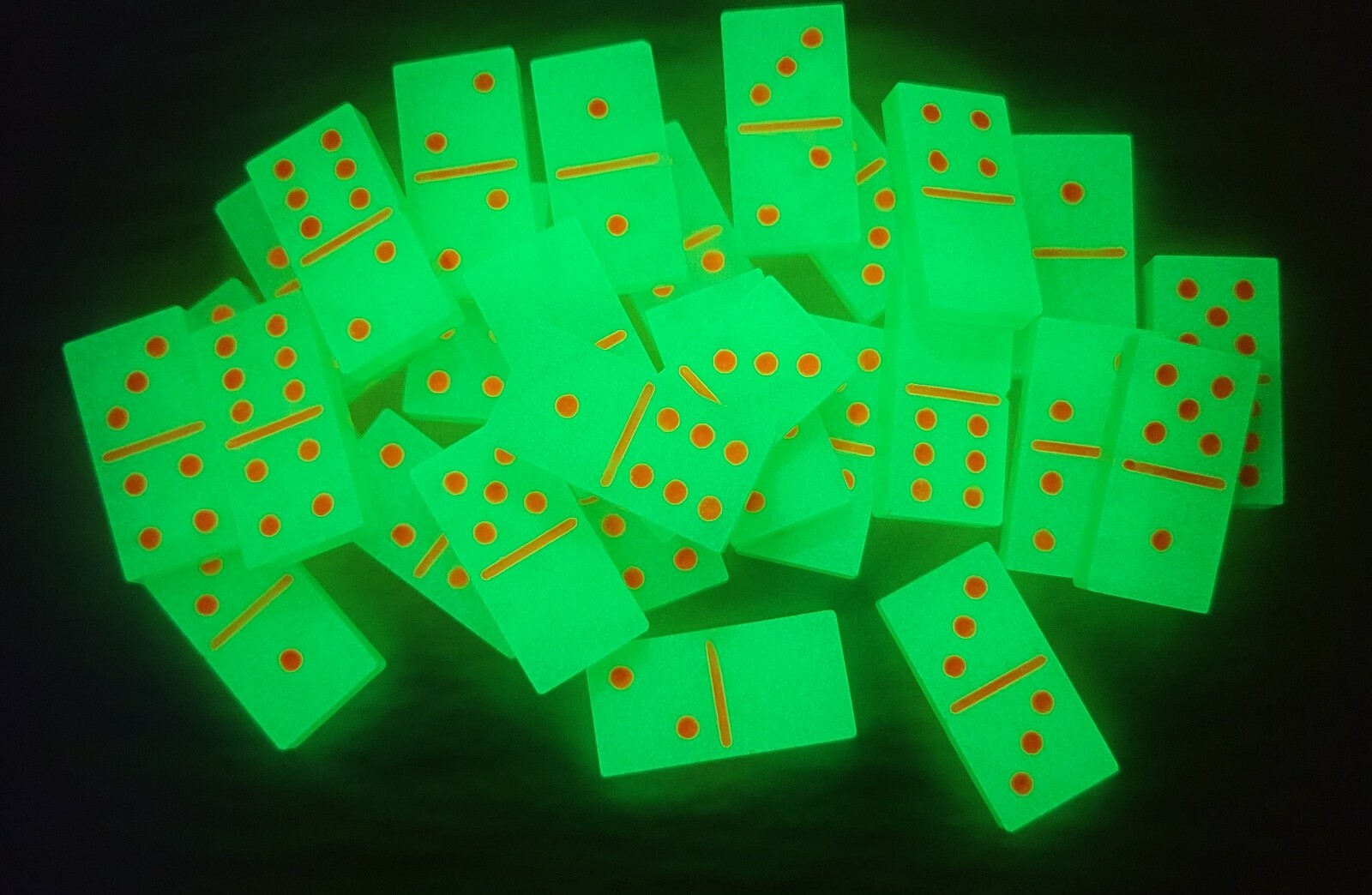 Handmade Glow in The Dark Green with Orange Dots Dominoes Double 6 Set, Gift Toy