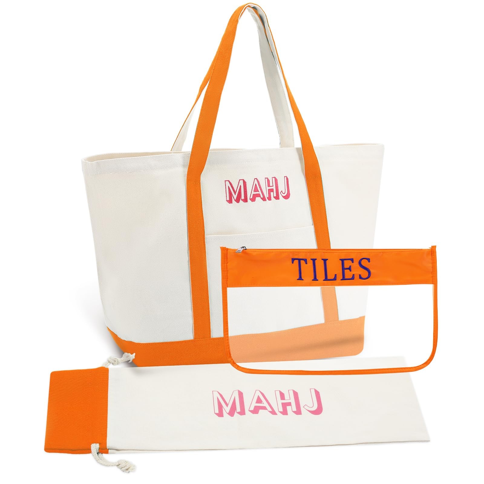 3 Pcs Empty Mahjong Canvas Bag Gift 22 x 11 x 5 inches, Orange
